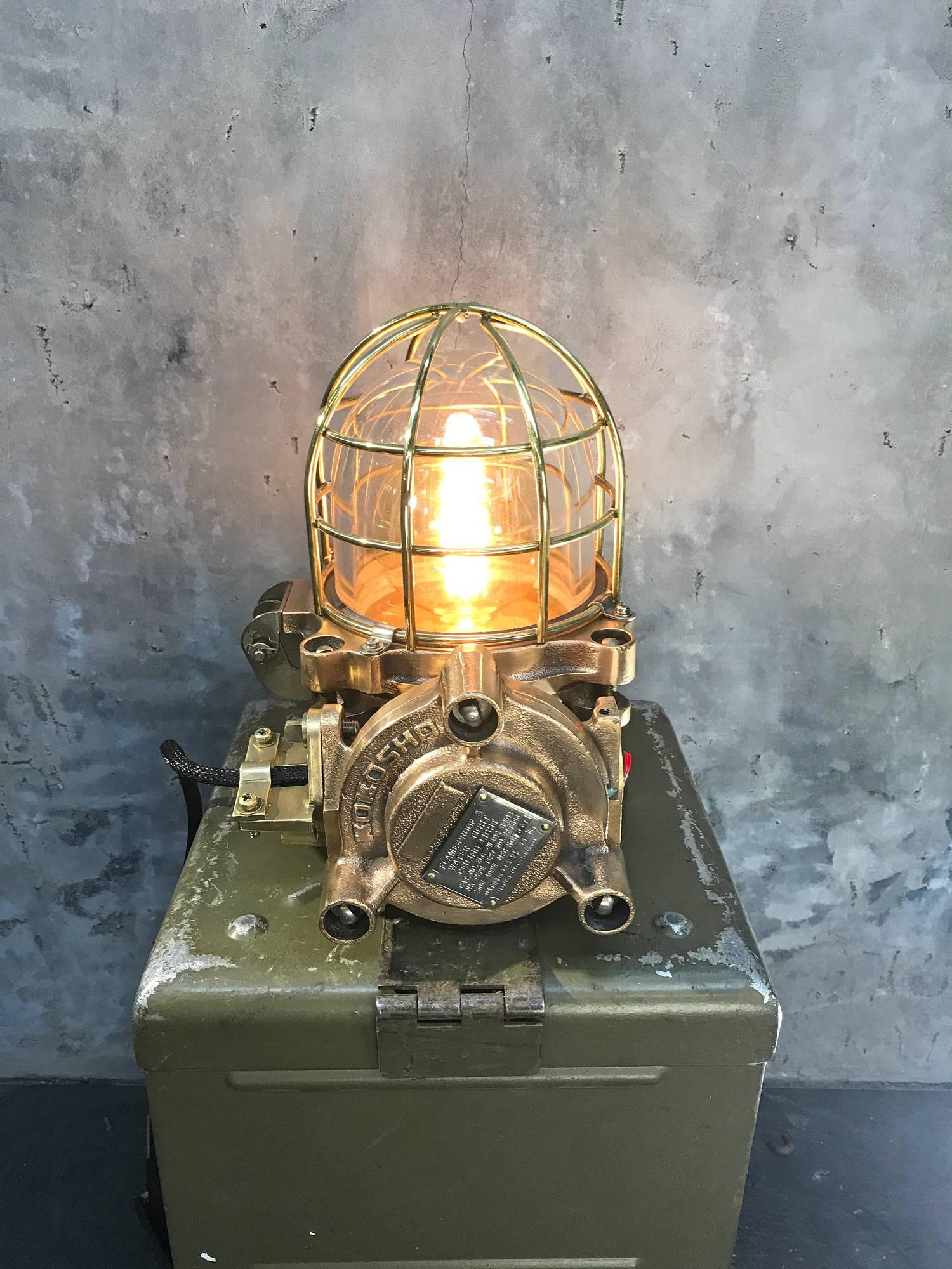 Flameproof cast bronze desk lamp with braided cable and dimmer switch.

Retro-fitted with a red glow switch, UK plug and vintage Edison filament Lamp E27.

Made in the 1980s by Kokosha - Osaka, Japan.

These lights are reclaimed from hazardous