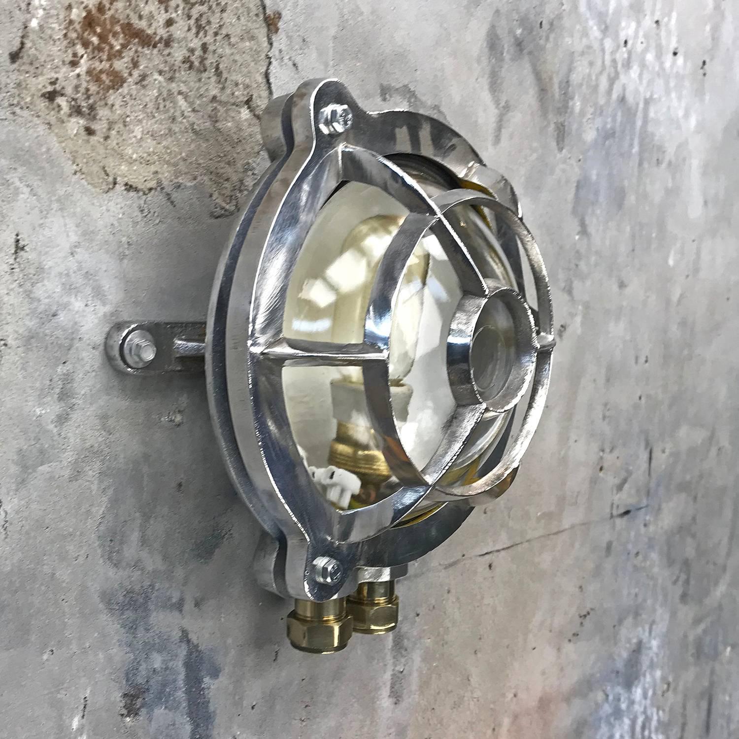 Tempered 1970s Industrial Aluminium Circular Wall Light, Glass Dome and Edison Bulb