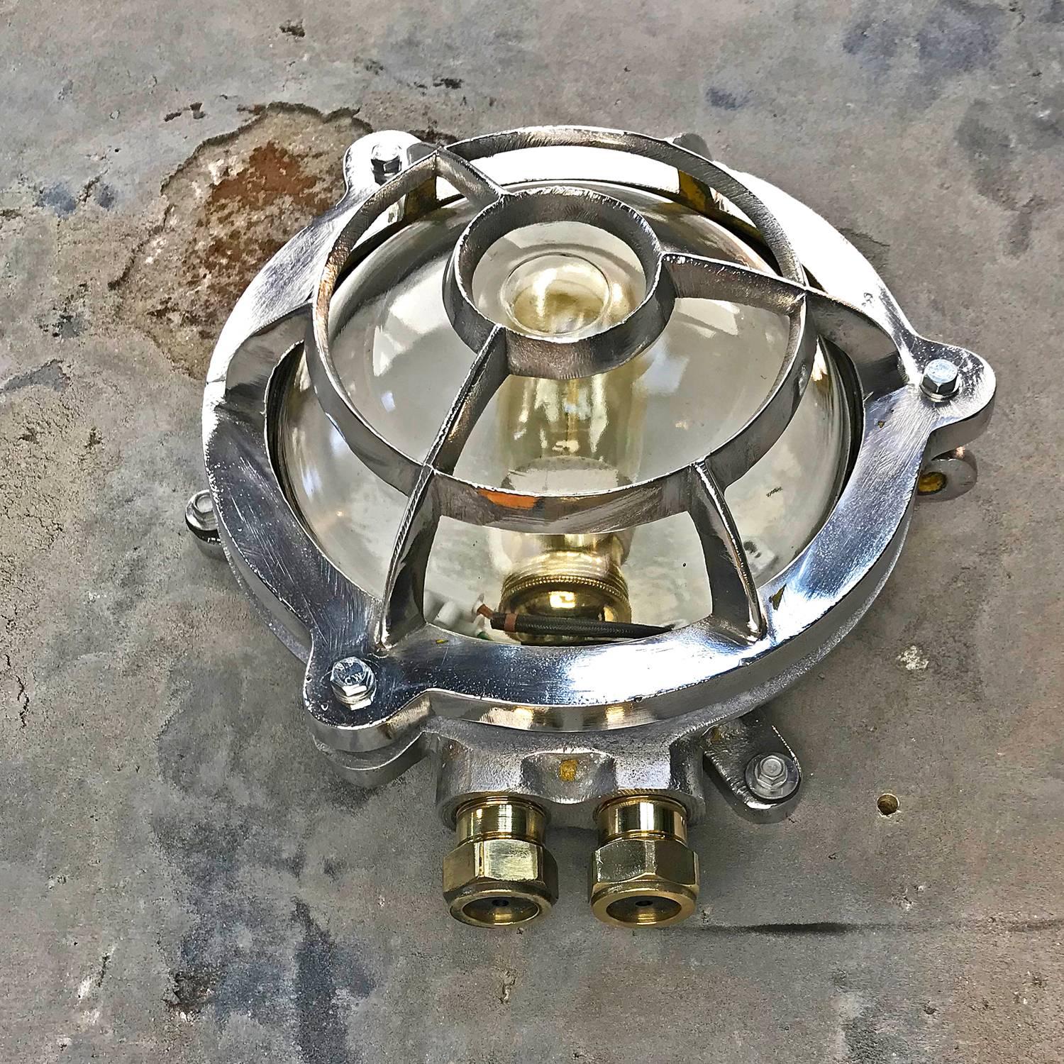 1970s Industrial Aluminium Circular Wall Light, Glass Dome and Edison Bulb In Excellent Condition In Leicester, Leicestershire