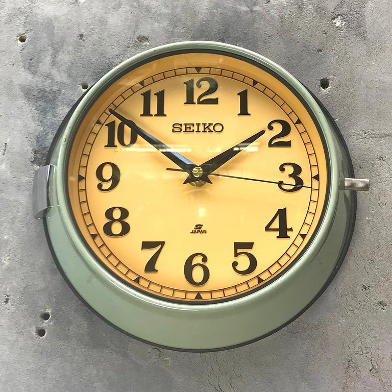 1970s Green Retro Seiko Vintage Industrial Antique Steel Quartz Wall