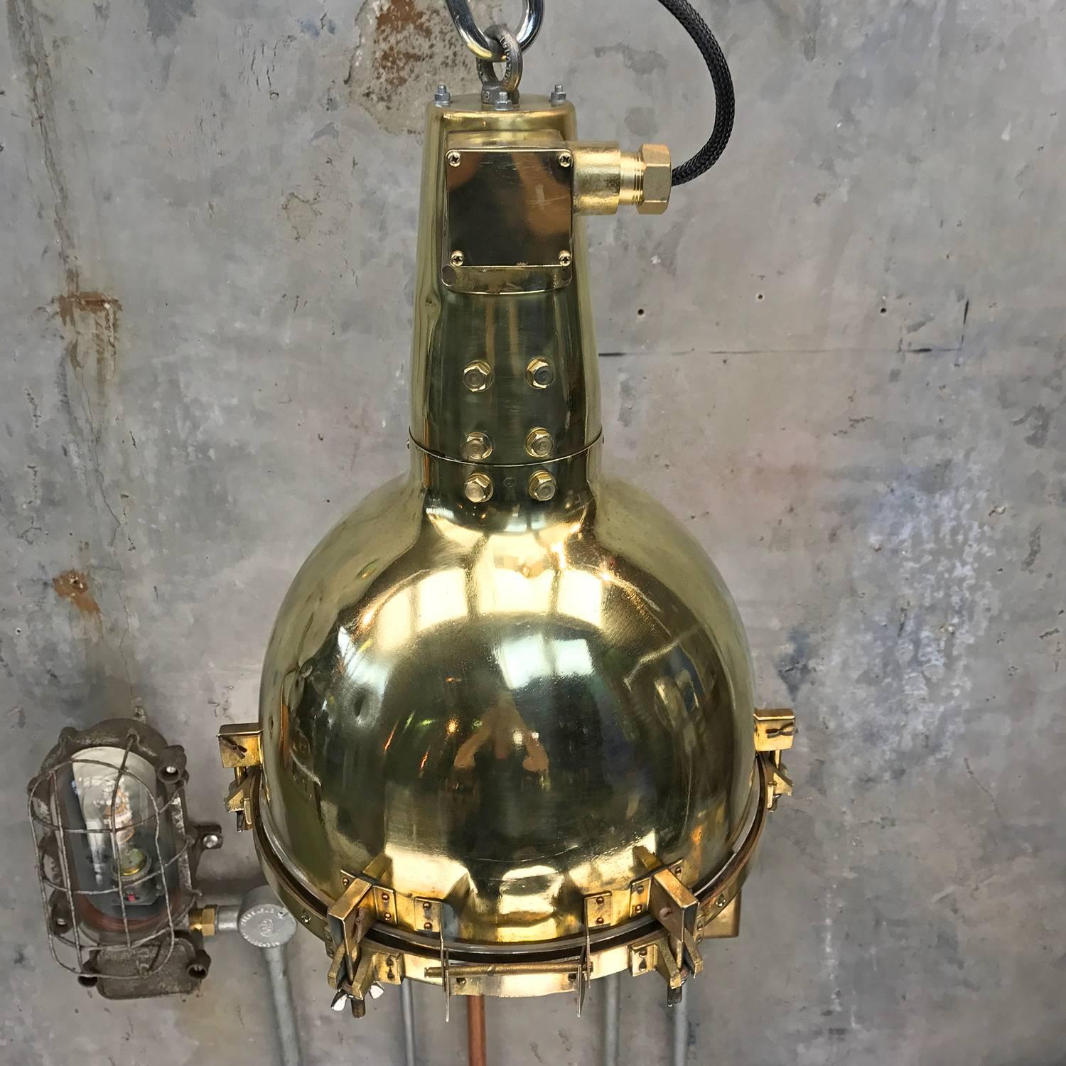 Industrial 1970s, Japanese Brass Marine Nautical Searchlight Pendant Lamp, Edison E40-E27