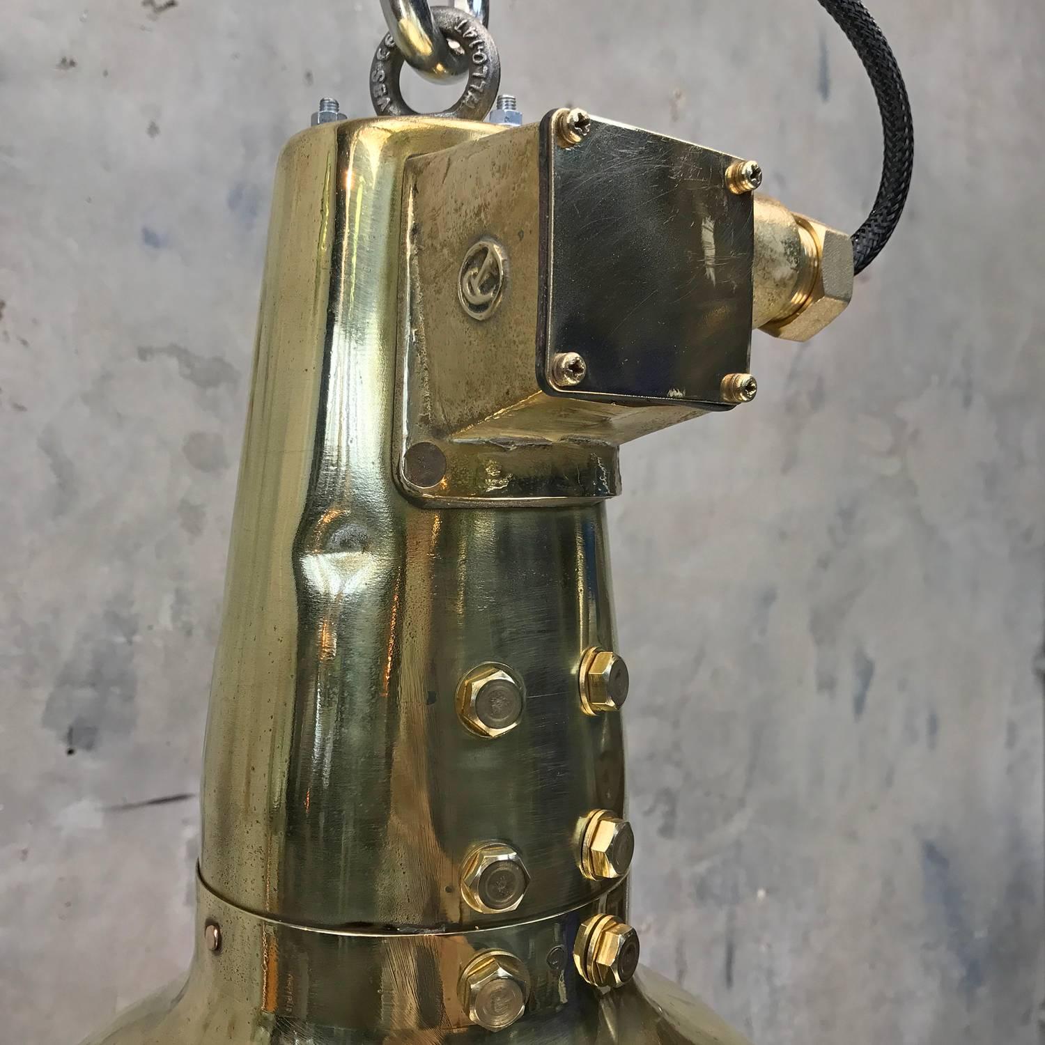 1970s, Japanese Brass Marine Nautical Searchlight Pendant Lamp, Edison E40-E27 1