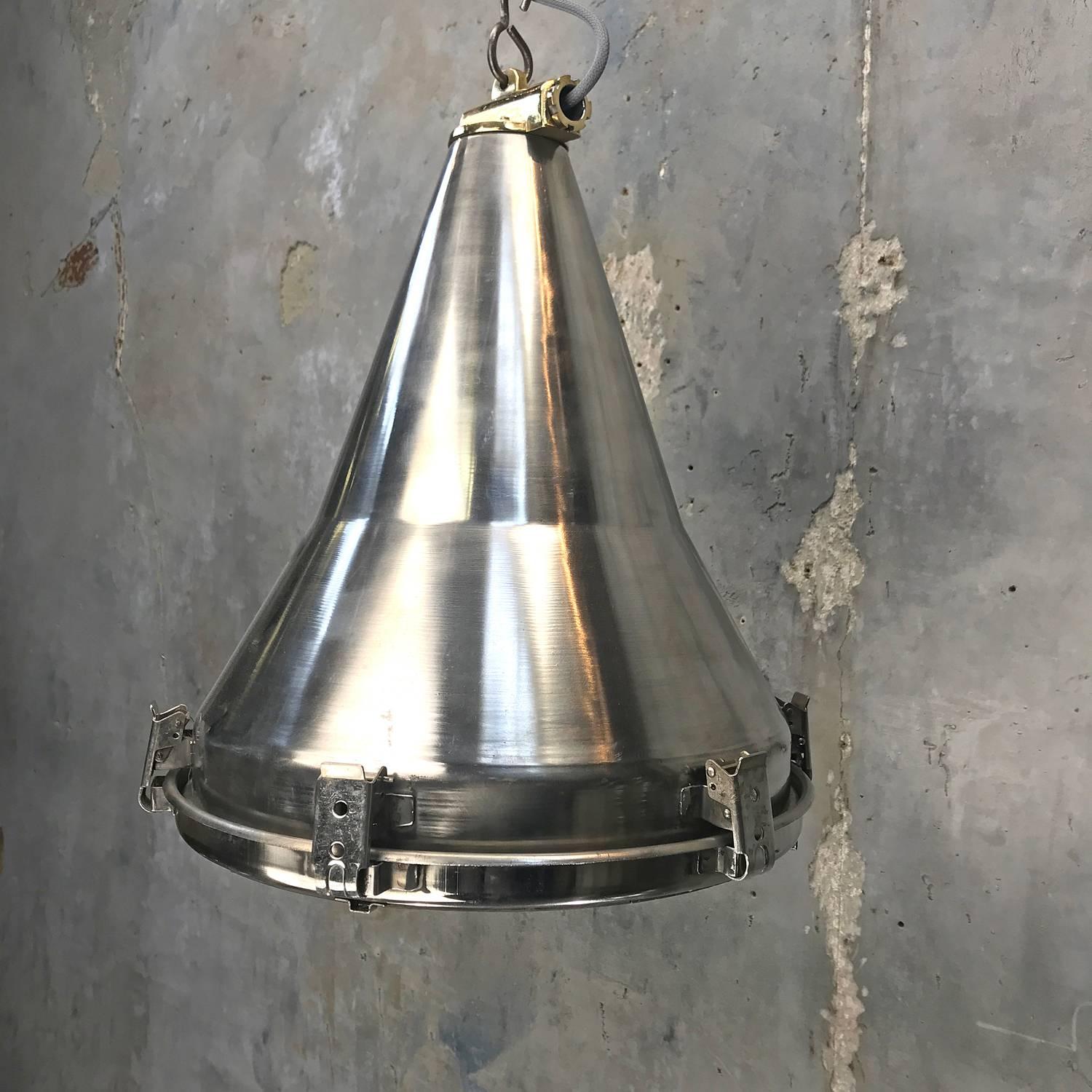 Cast Late Century Korean Stainless Steel, Brass and Glass Conical Flood Light Pendant