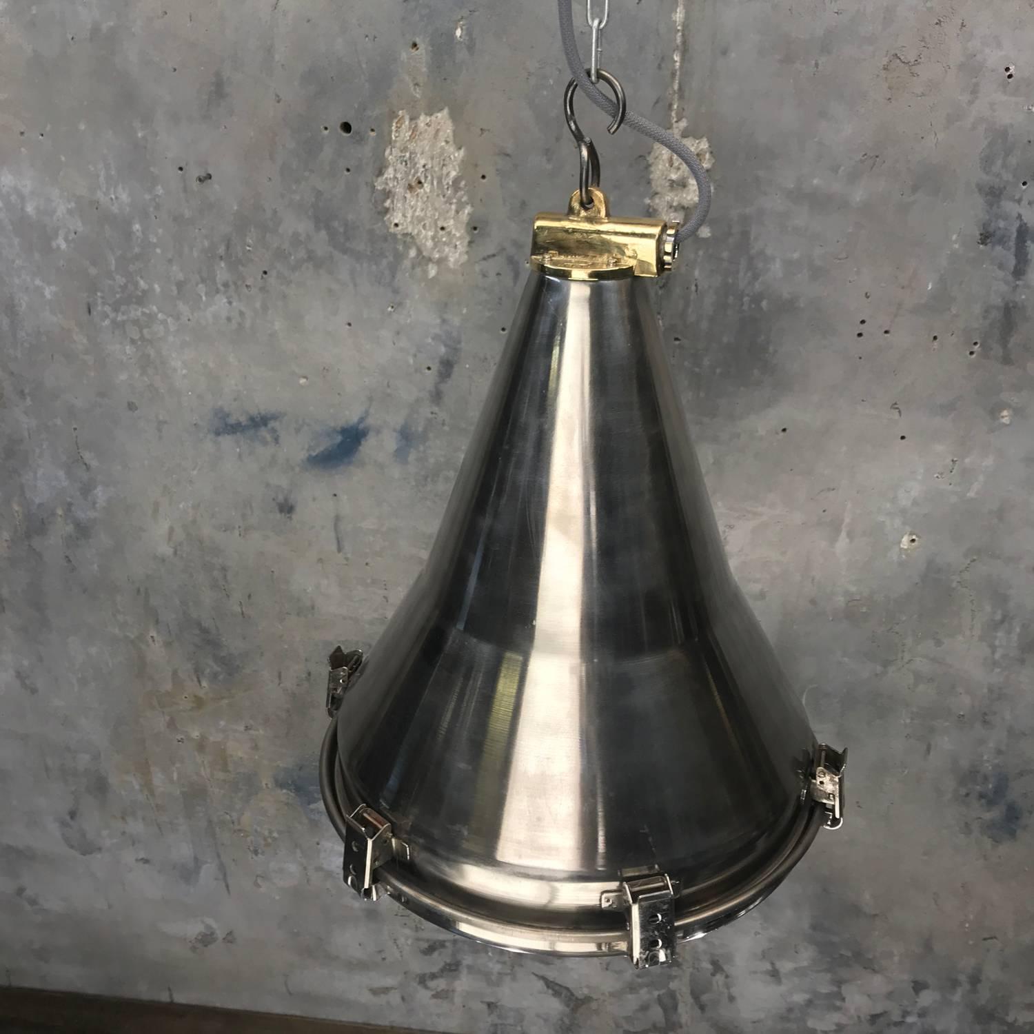 Late 20th Century Late Century Korean Stainless Steel, Brass and Glass Conical Flood Light Pendant
