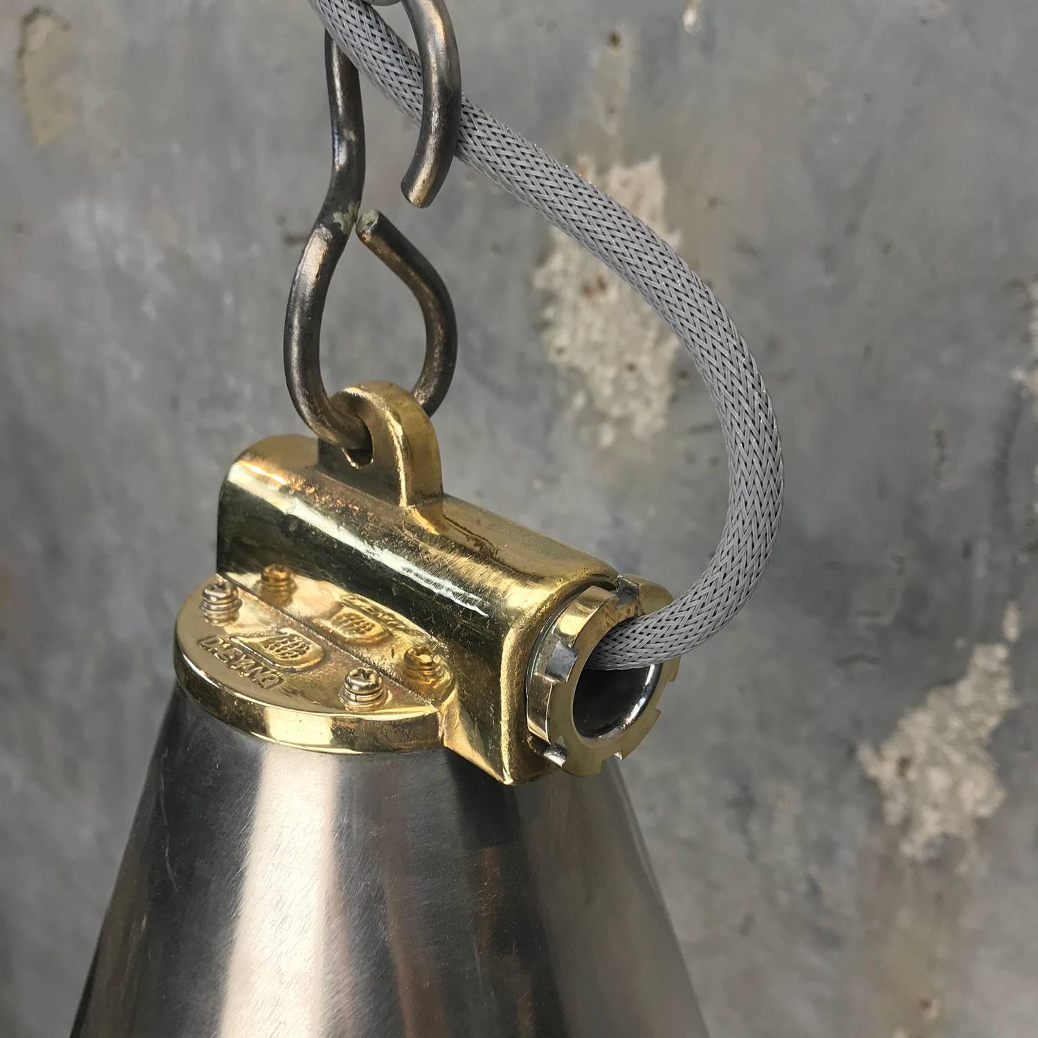 Late Century Korean Stainless Steel, Brass and Glass Conical Flood Light Pendant 3