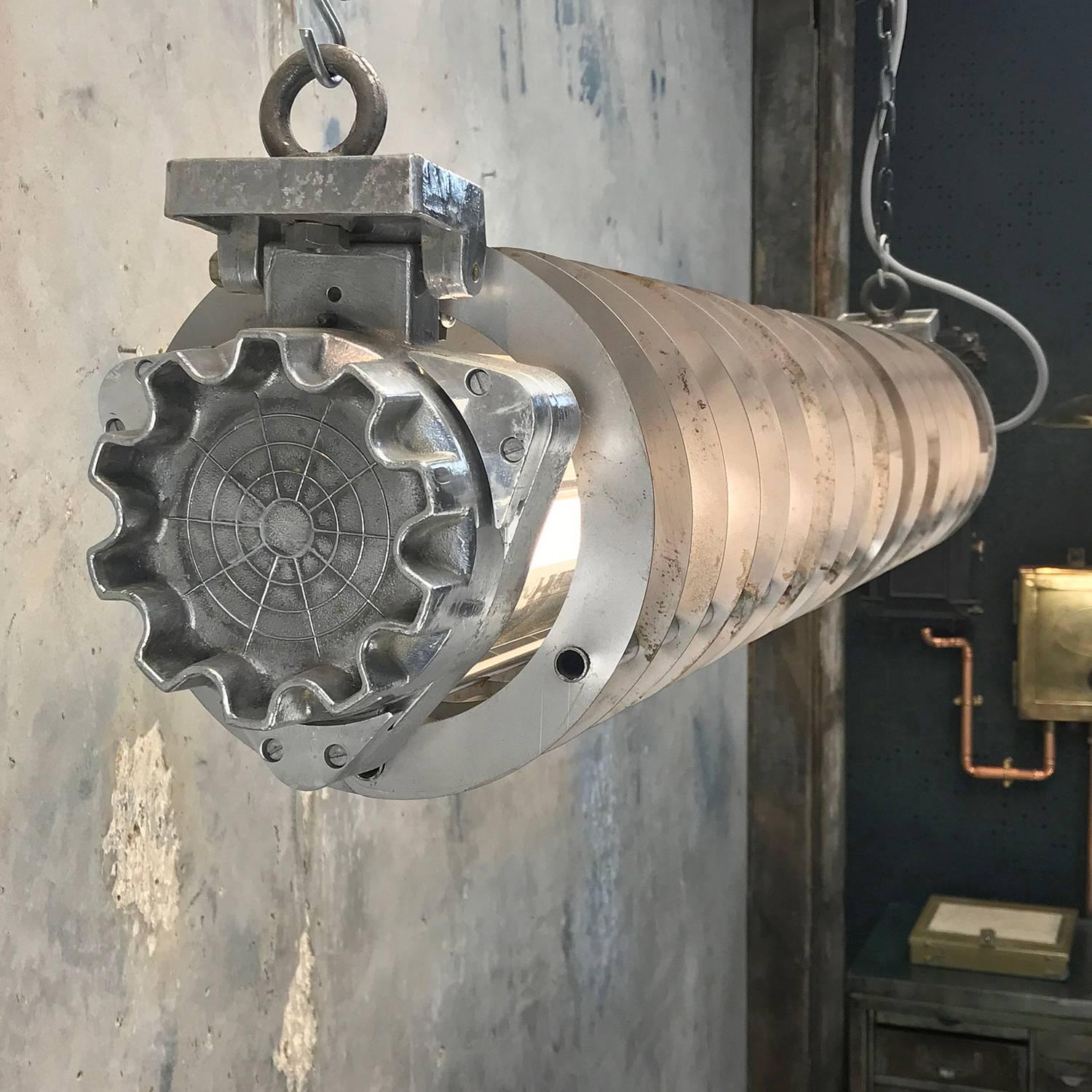 Industrial 1970s German Cast Metal Explosion Proof Strip Light with Glass and Steel Shade For Sale