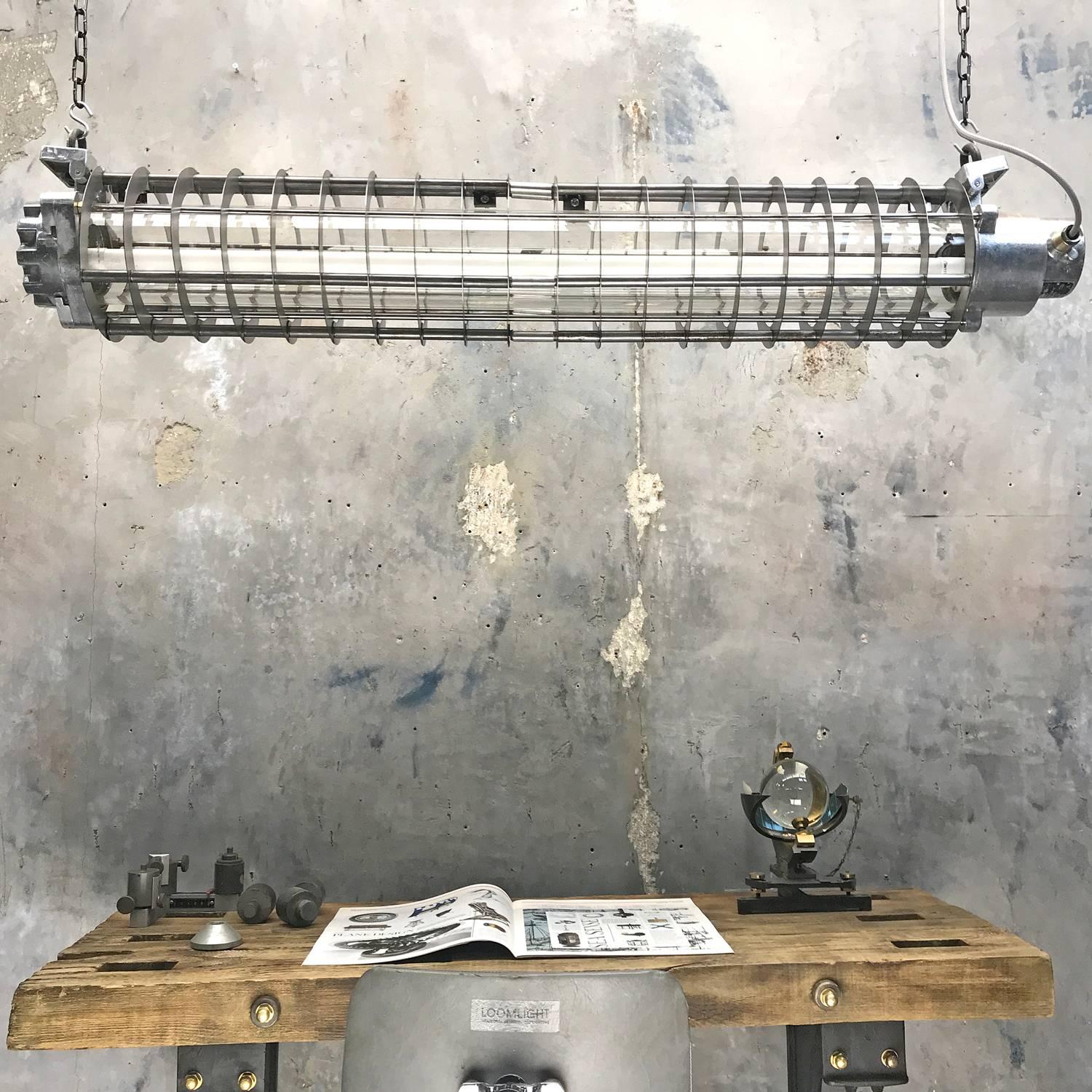 Late 20th Century 1970s German Cast Metal Explosion Proof Strip Light with Glass and Steel Shade For Sale