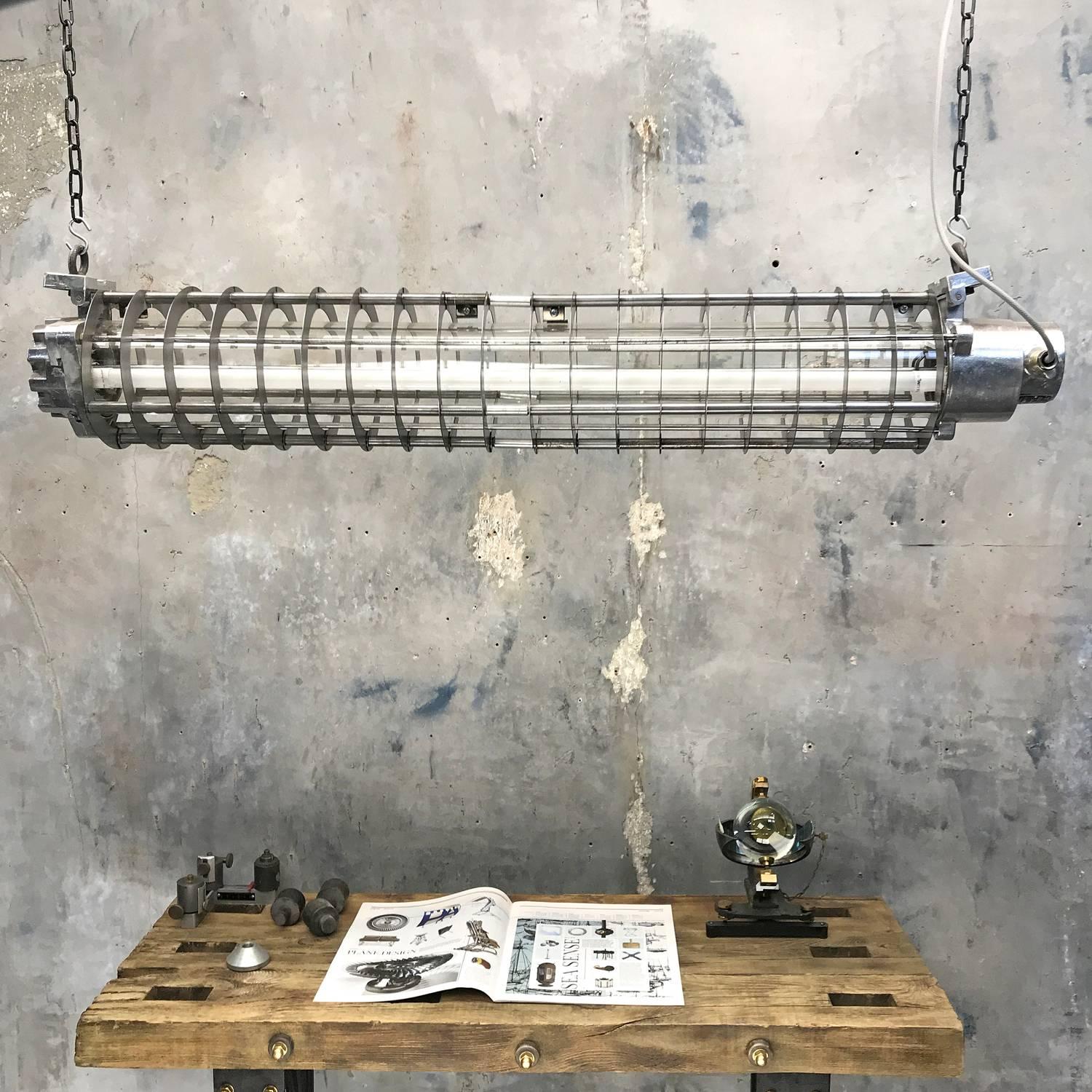 1970s German Cast Metal Explosion Proof Strip Light with Glass and Steel Shade For Sale 1
