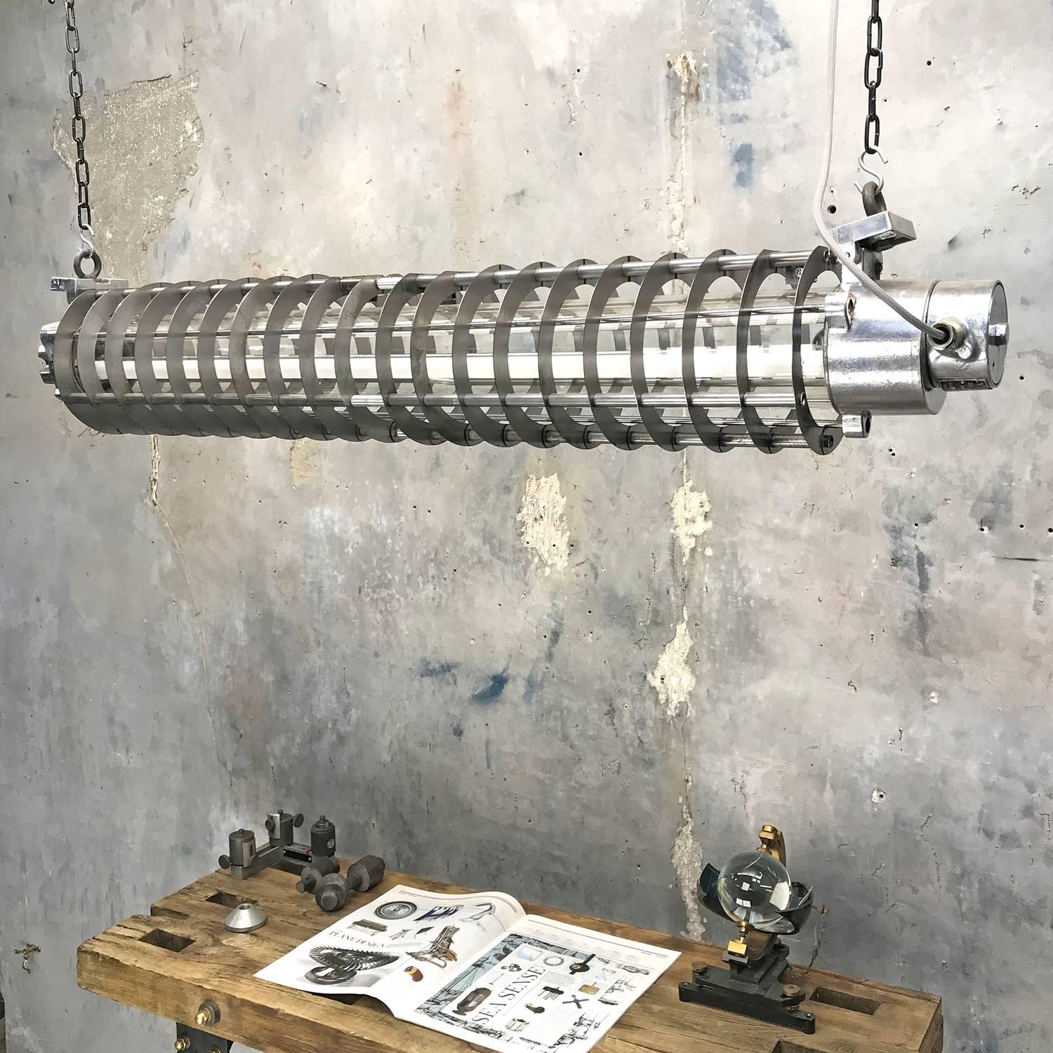 1970s German Cast Metal Explosion Proof Strip Light with Glass and Steel Shade For Sale 2