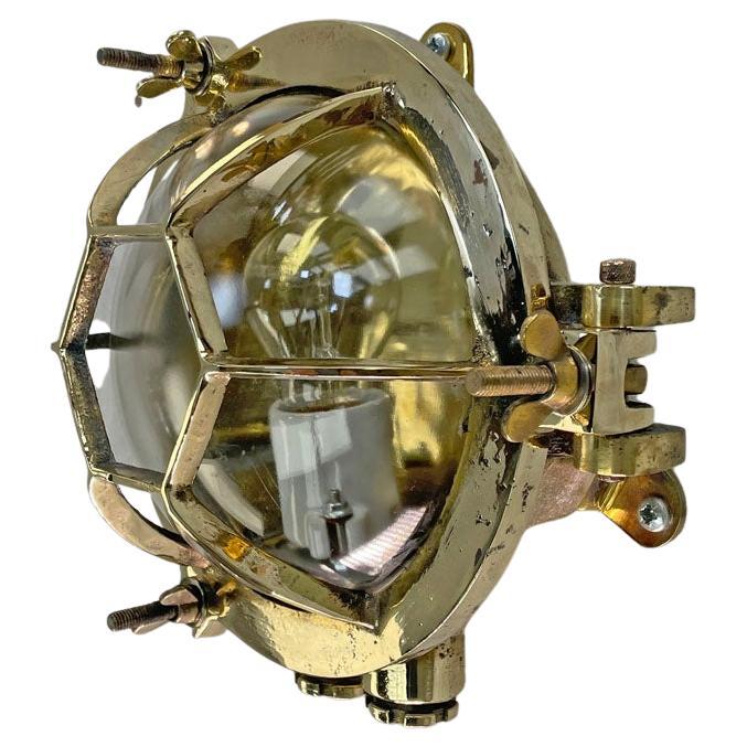 1970's Japanese Brass Circular Wall Light with Hexagonal Cage & Glass Dome Shade For Sale