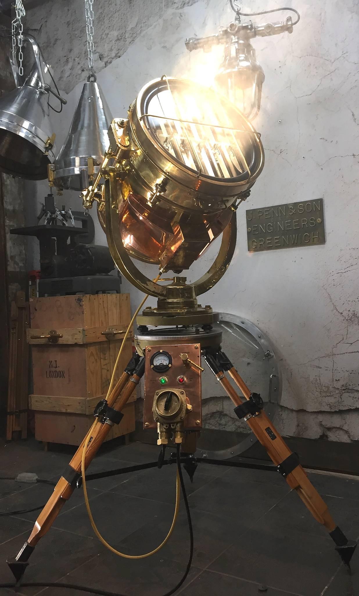 20th Century Copper & Brass Signalling Floor Lamp and Military Gyroscope Tripod 1