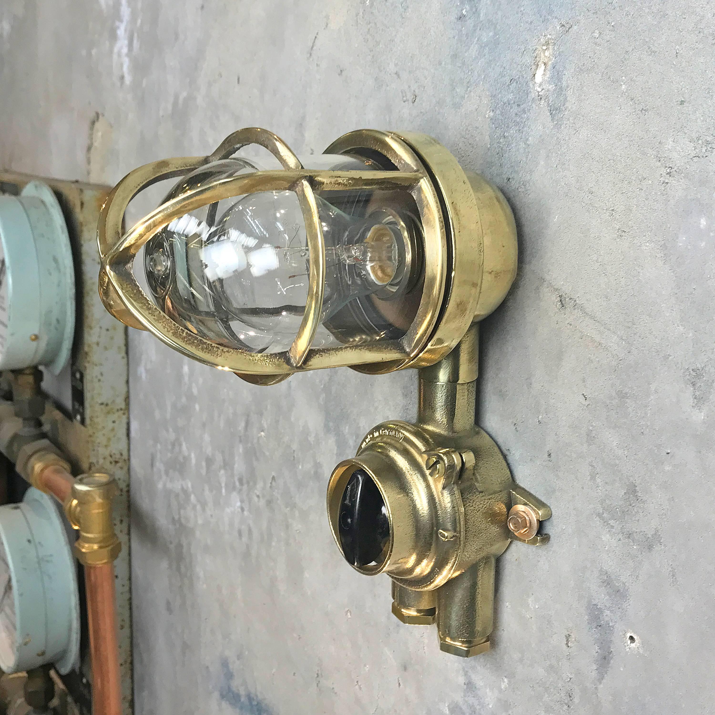 Industrial 1970's German Brass Wall Lamp with Glass Dome & Isolator Switch IP54 Edison Bulb For Sale