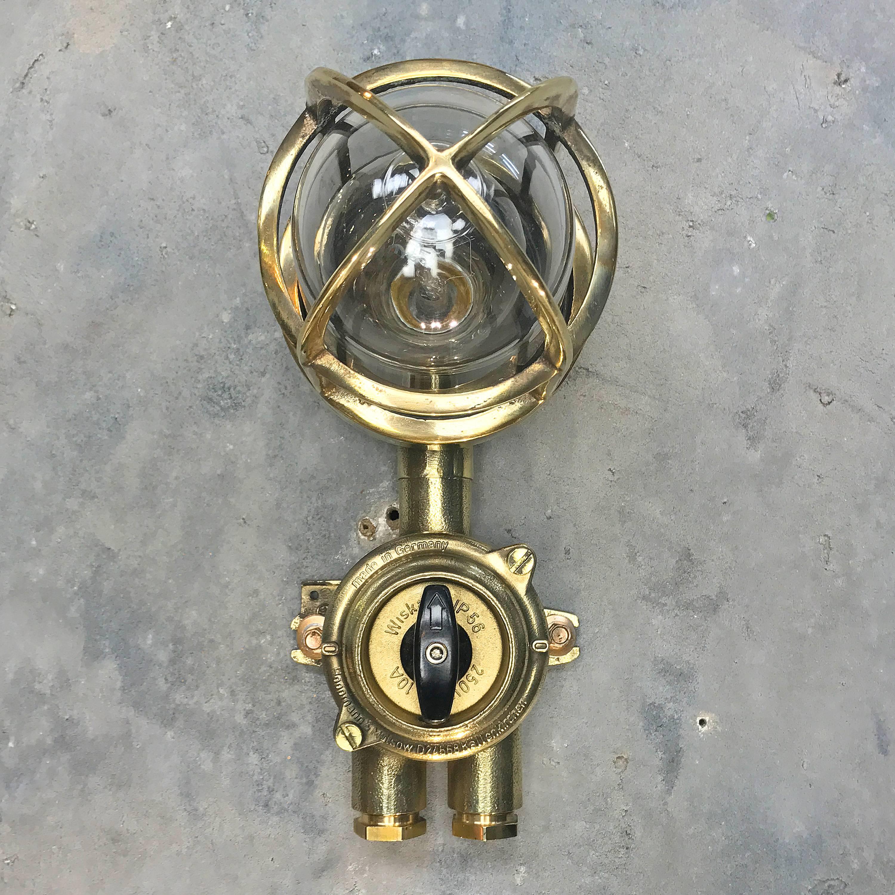 Cast 1970's German Brass Wall Lamp with Glass Dome & Isolator Switch IP54 Edison Bulb For Sale