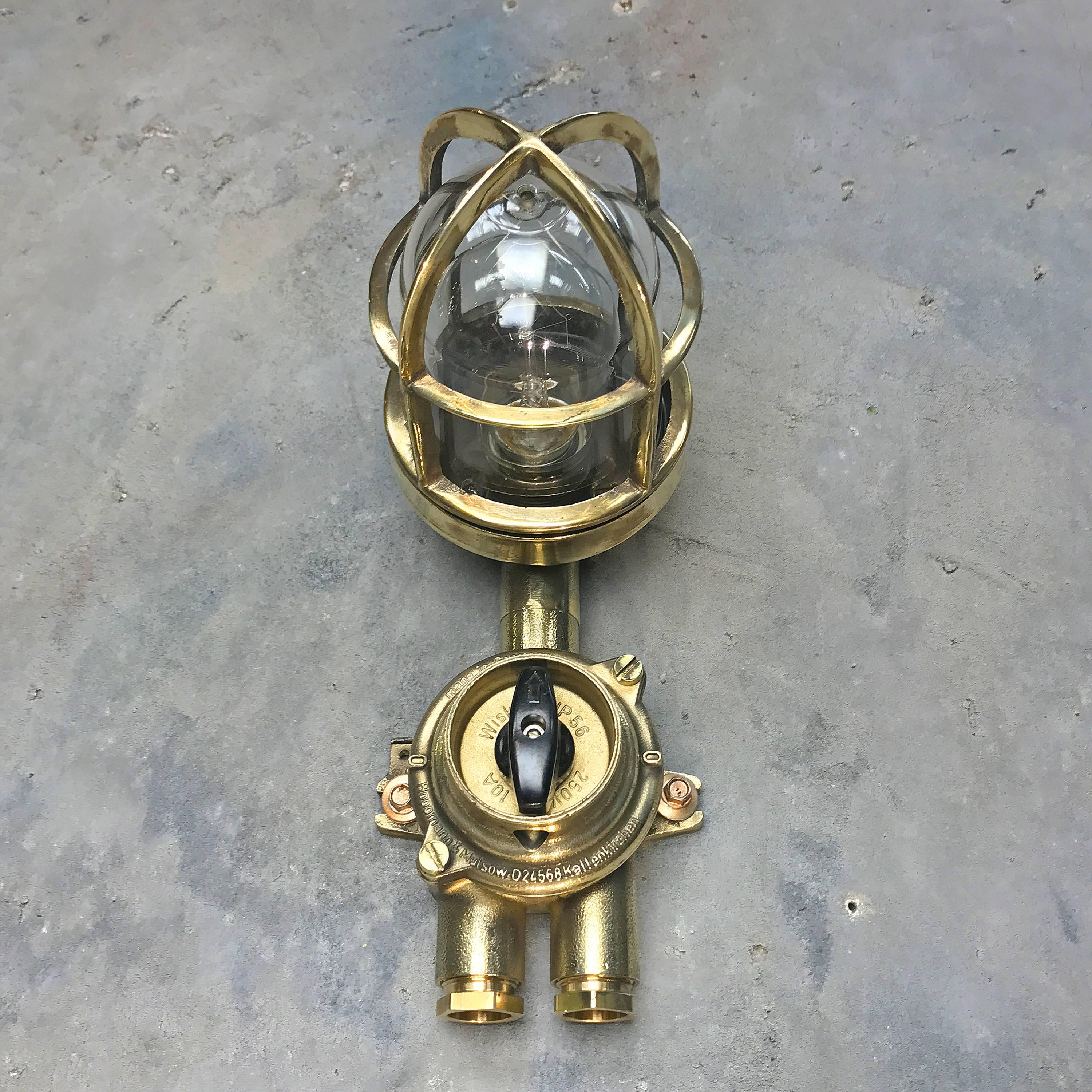 1970's German Brass Wall Lamp with Glass Dome & Isolator Switch IP54 Edison Bulb In Excellent Condition For Sale In Leicester, Leicestershire