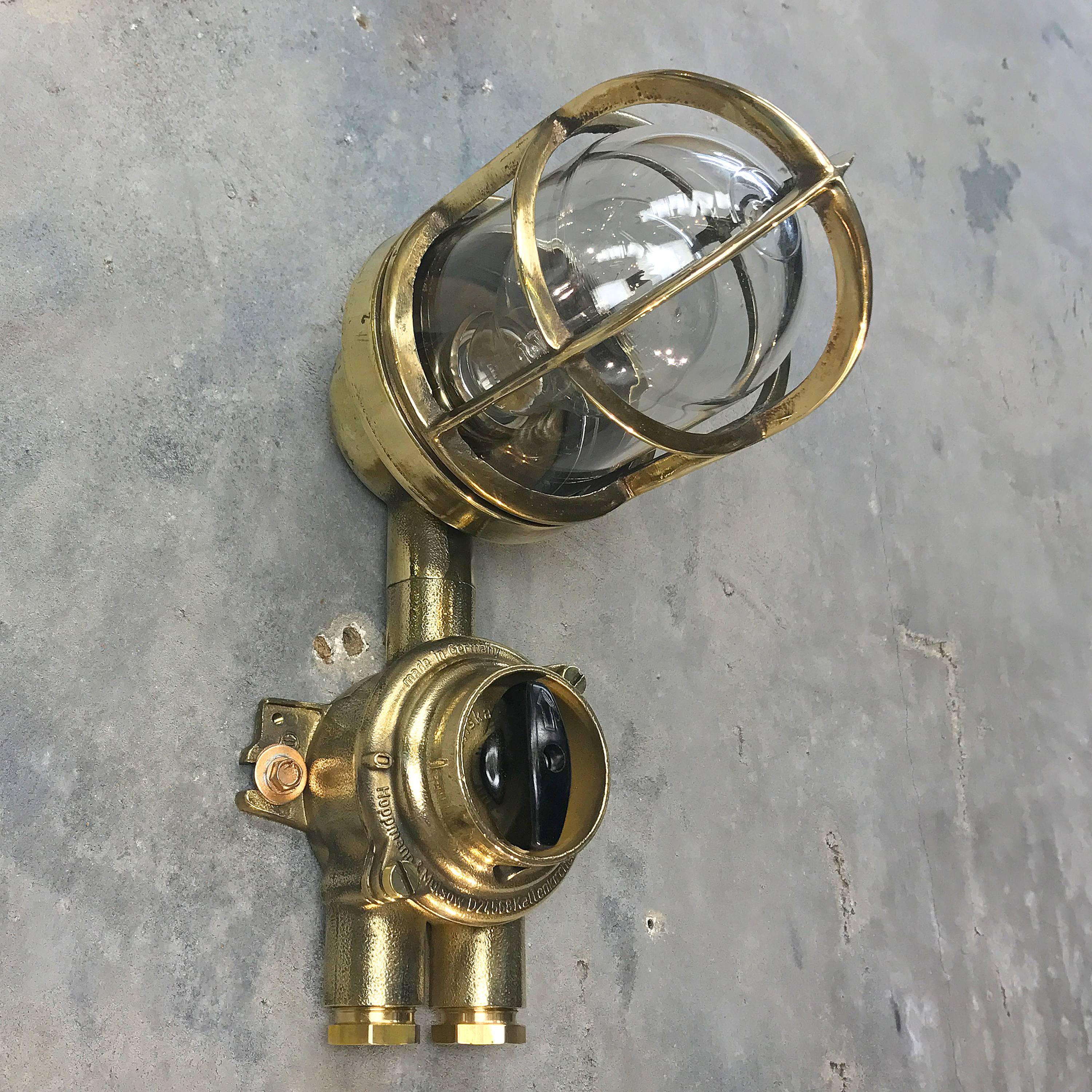 20th Century 1970's German Brass Wall Lamp with Glass Dome & Isolator Switch IP54 Edison Bulb For Sale