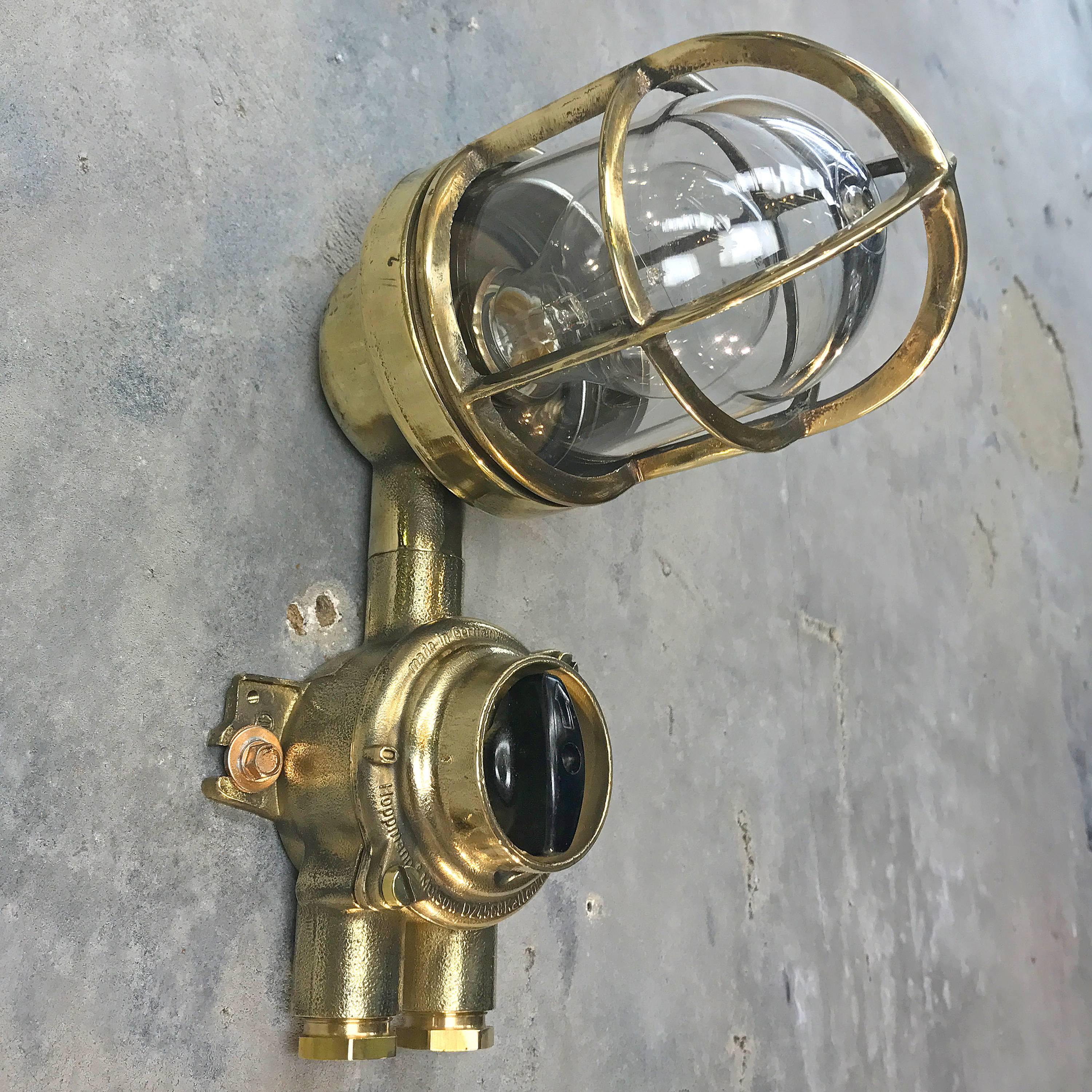 1970's German Brass Wall Lamp with Glass Dome & Isolator Switch IP54 Edison Bulb For Sale 1