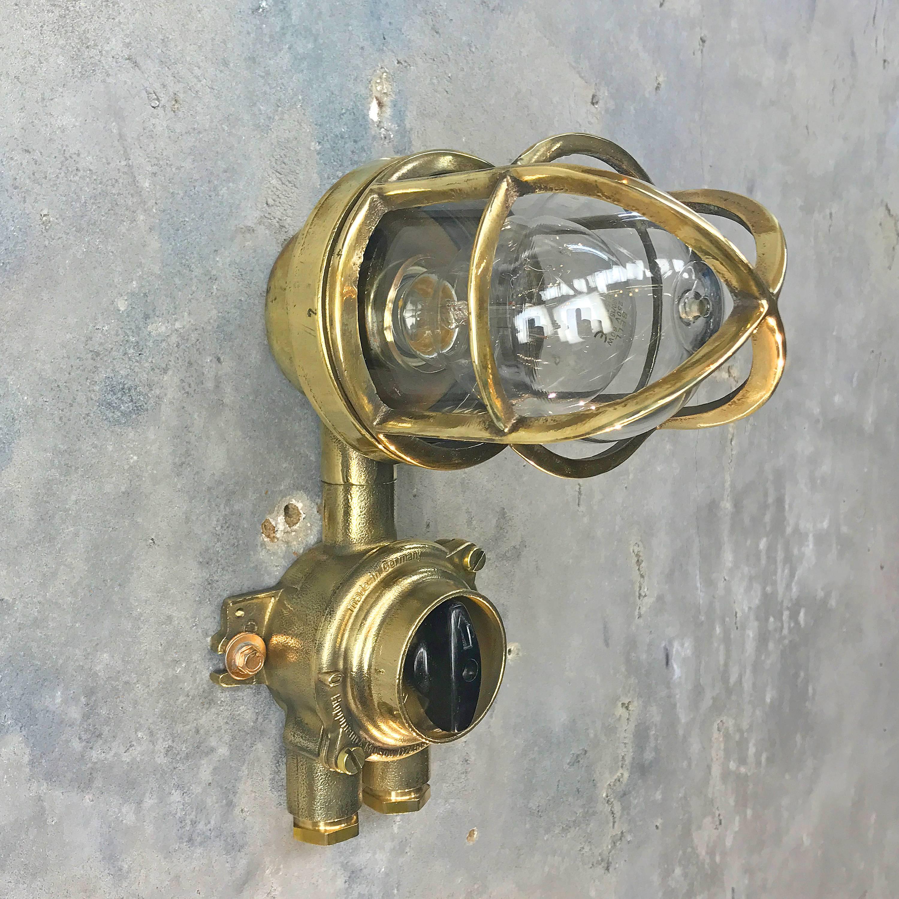 1970's German Brass Wall Lamp with Glass Dome & Isolator Switch IP54 Edison Bulb For Sale 2