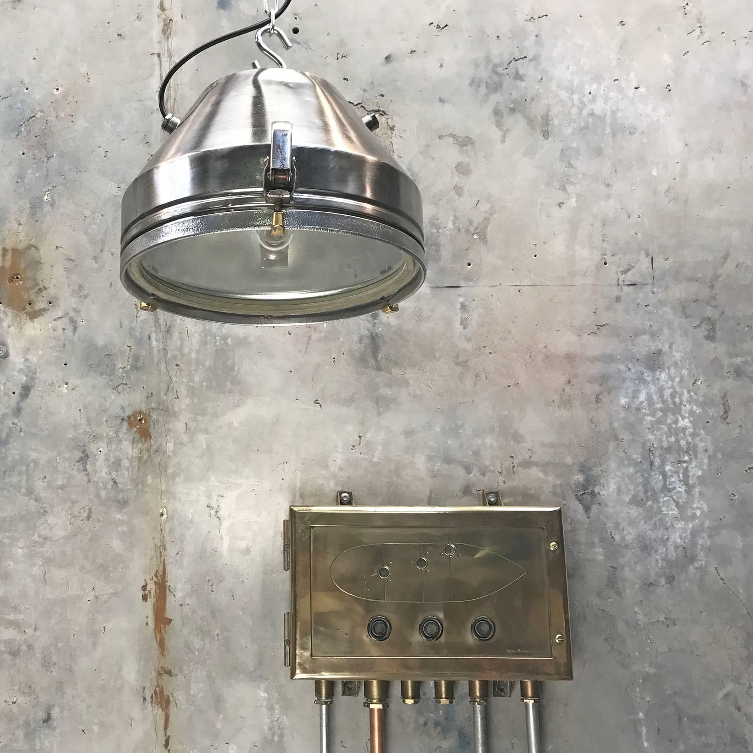 Industrial Mid-Century VEB GDR Iron and Aluminium Pendant Glass Lens and Target Grill