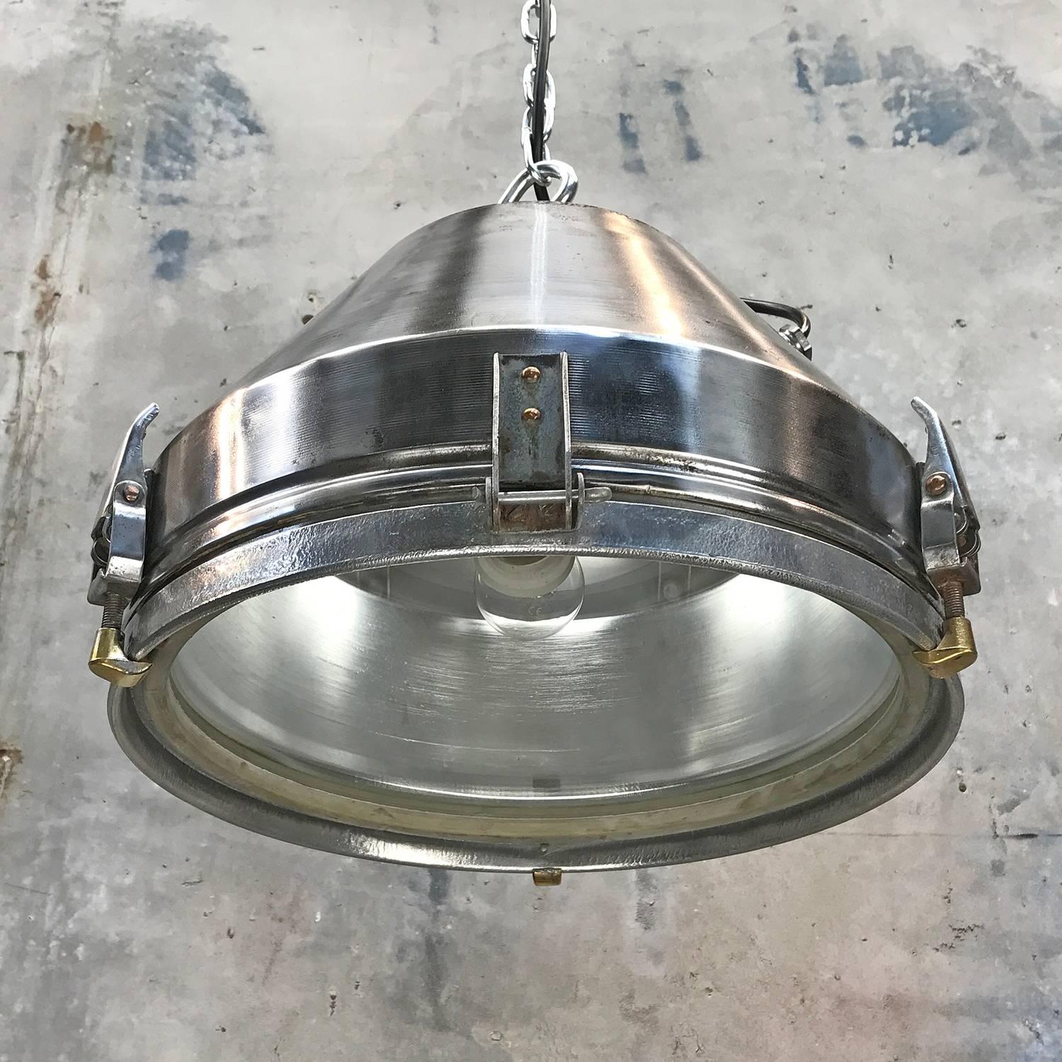 Mid-Century VEB GDR Iron and Aluminium Pendant Glass Lens and Target Grill In Good Condition In Leicester, Leicestershire