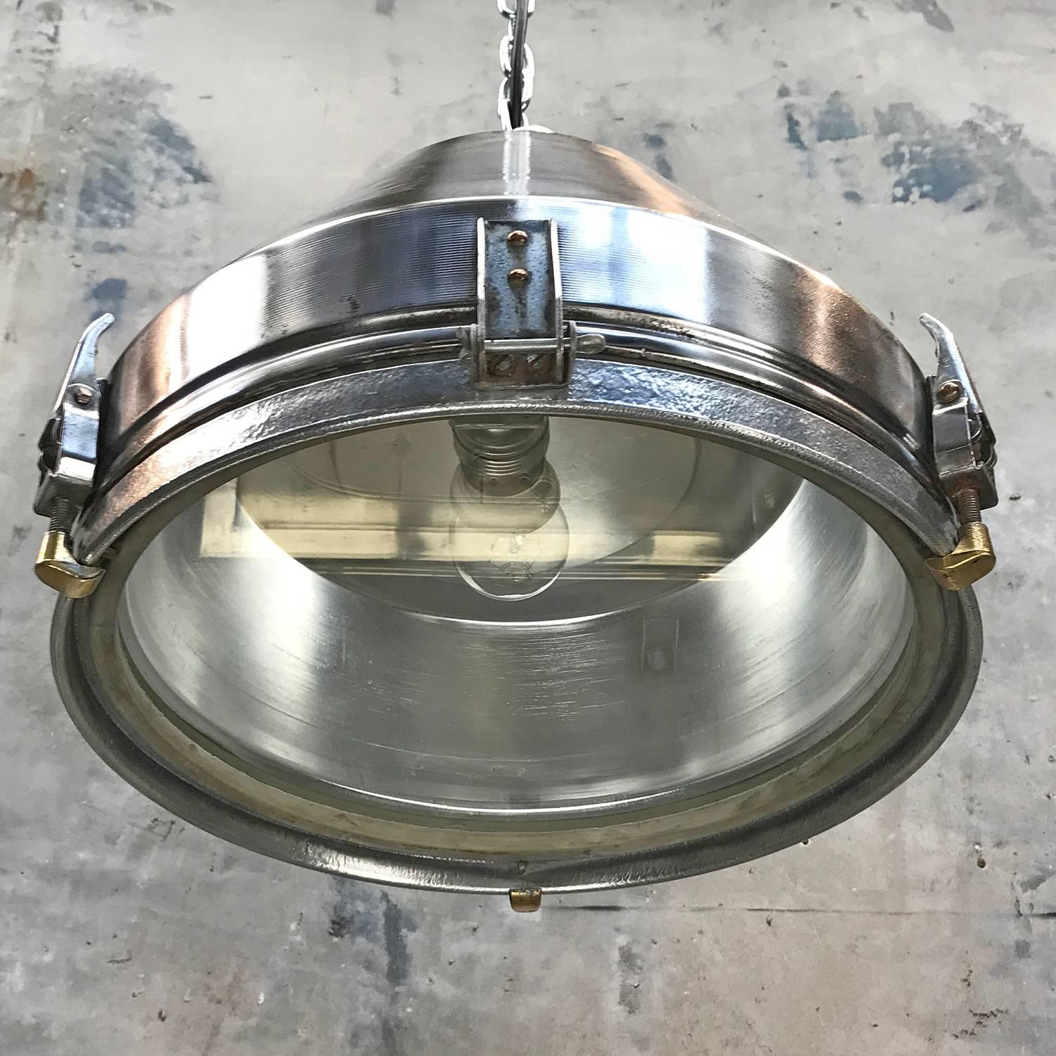 19th Century Mid-Century VEB GDR Iron and Aluminium Pendant Glass Lens and Target Grill