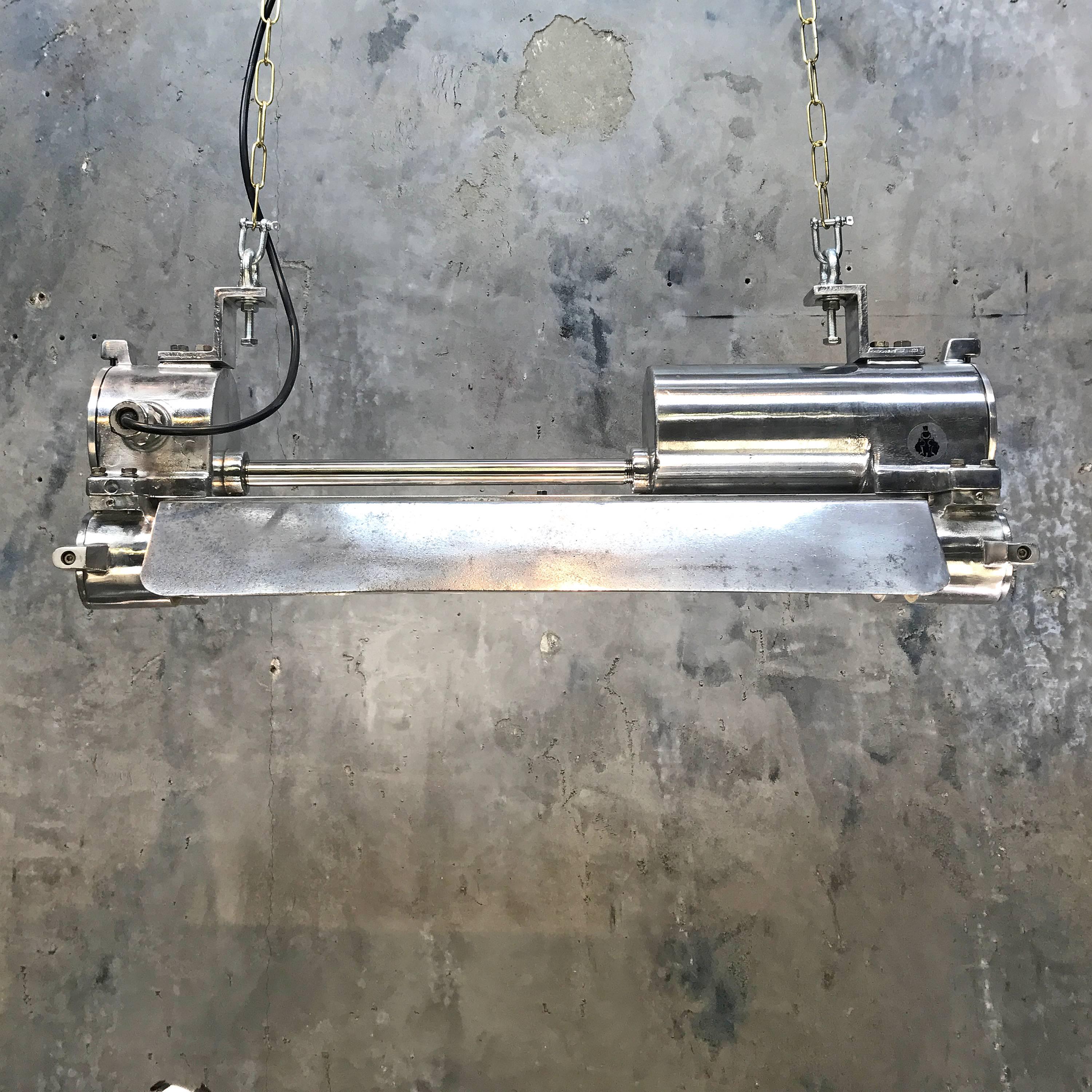 Mid-Late Century Industrial Aluminium, Brass and Glass Flame Proof Strip Light For Sale 2