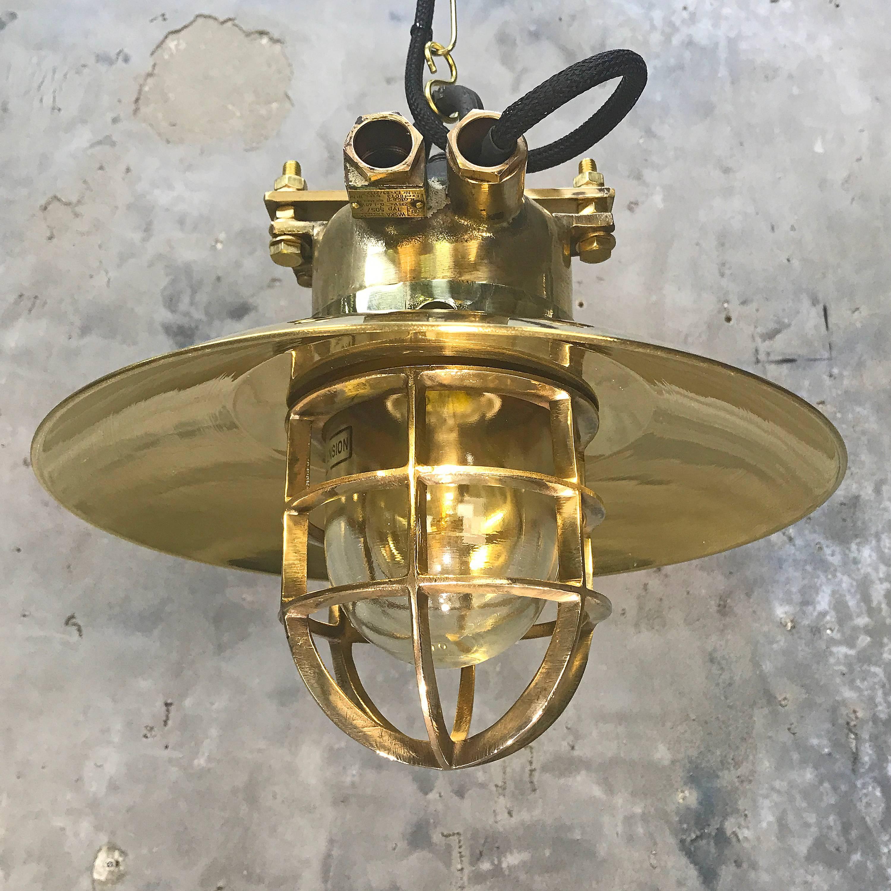 Industrial Late Century Bronze & Brass Explosion Proof Pendant, Glass Dome, Cage & Edison 