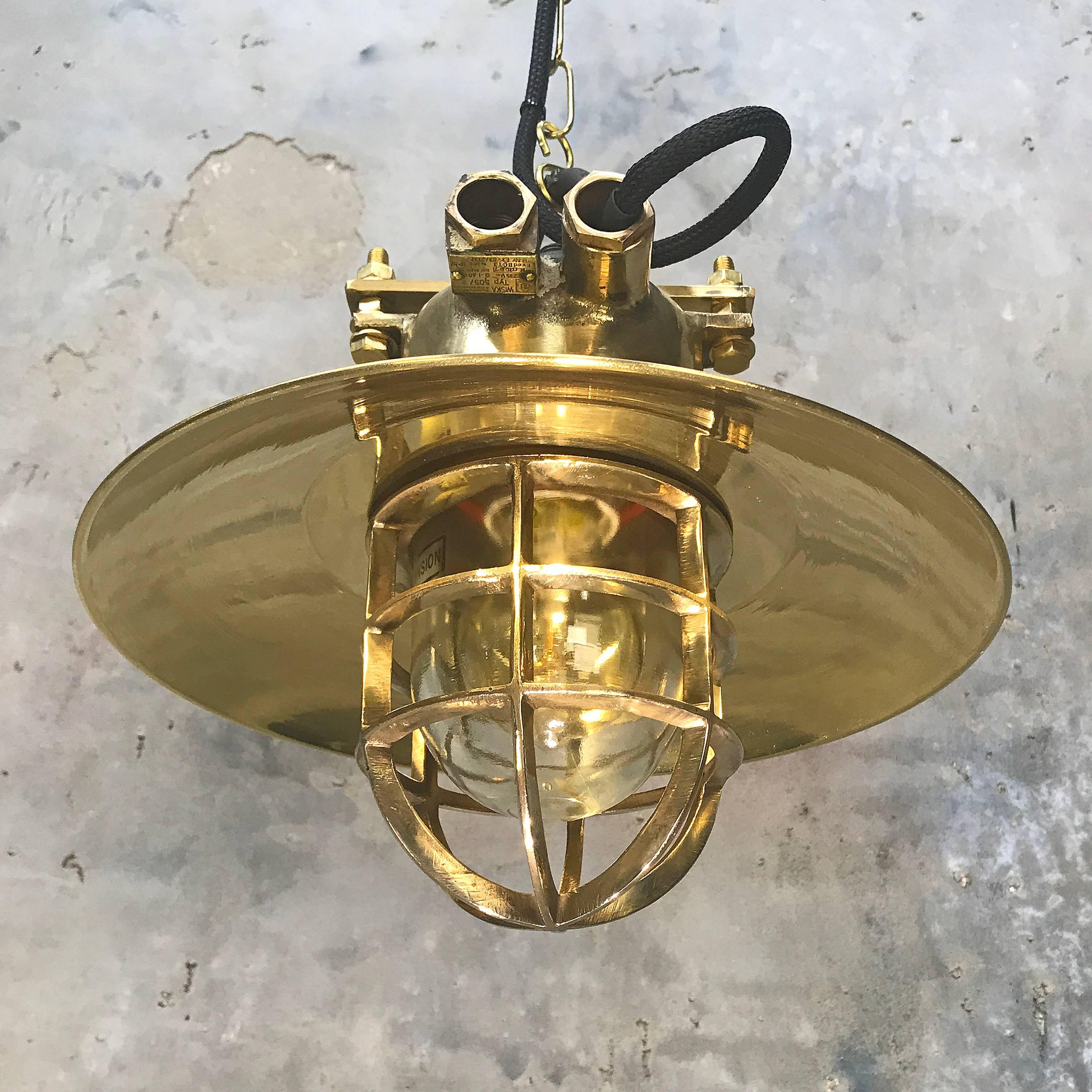 20th Century Late Century Bronze & Brass Explosion Proof Pendant, Glass Dome, Cage & Edison 