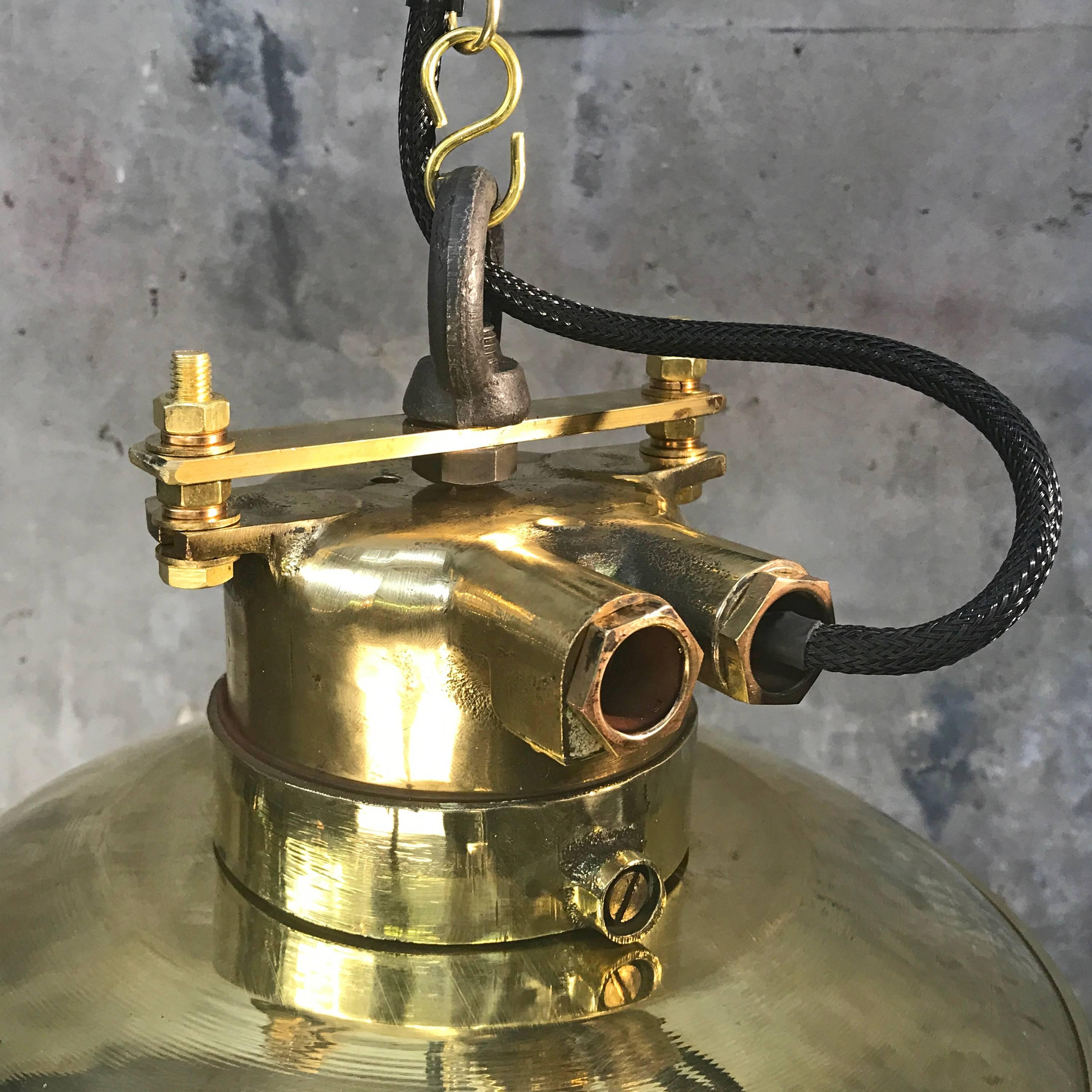 Late Century Bronze & Brass Explosion Proof Pendant, Glass Dome, Cage & Edison  In Excellent Condition In Leicester, Leicestershire