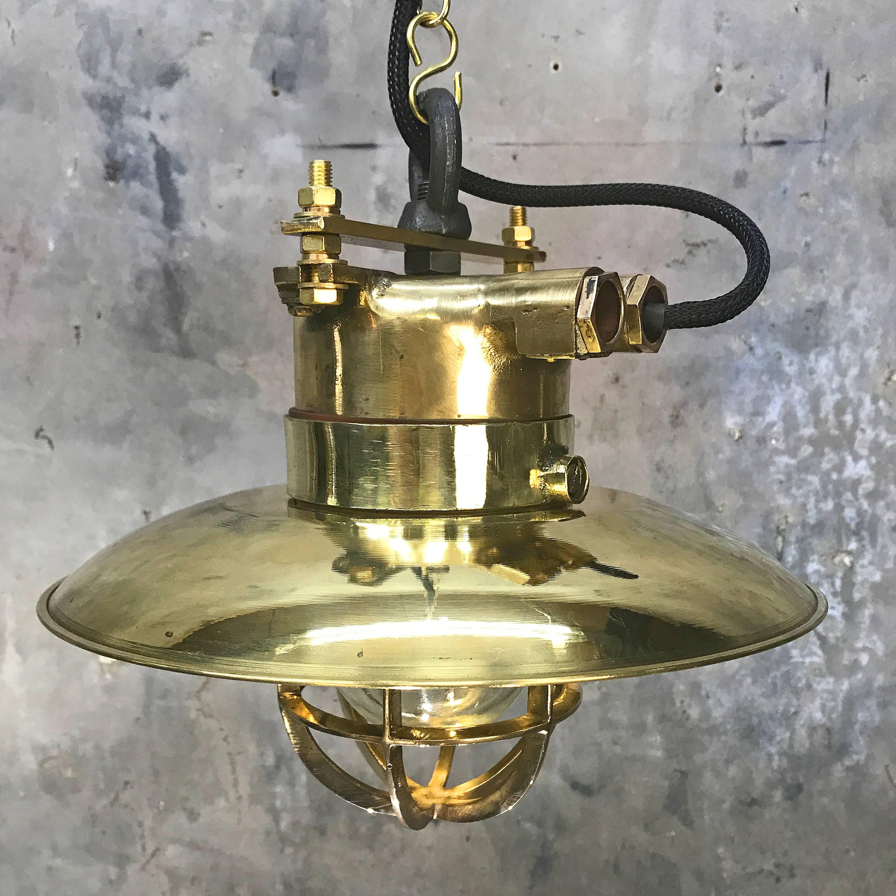 Late Century Bronze & Brass Explosion Proof Pendant, Glass Dome, Cage & Edison  3