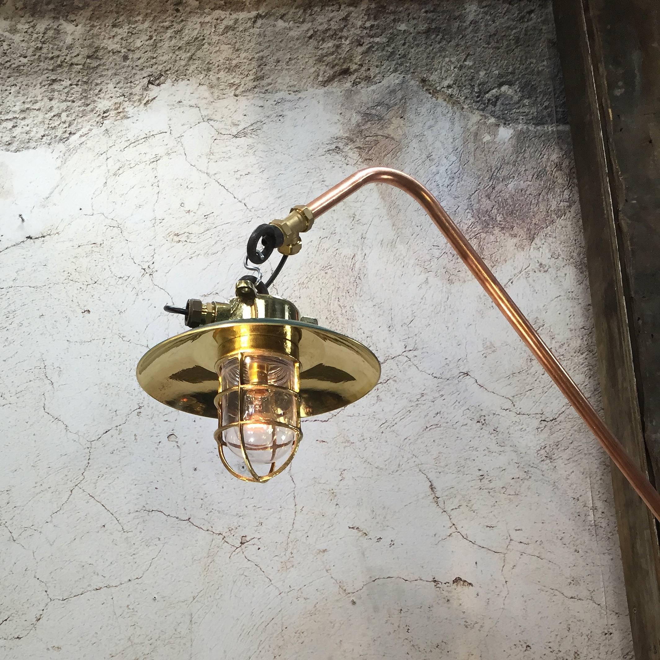 Industrial 1970's Copper & Brass Cantilever Explosion Proof Pendant Lamp & Green Shade For Sale