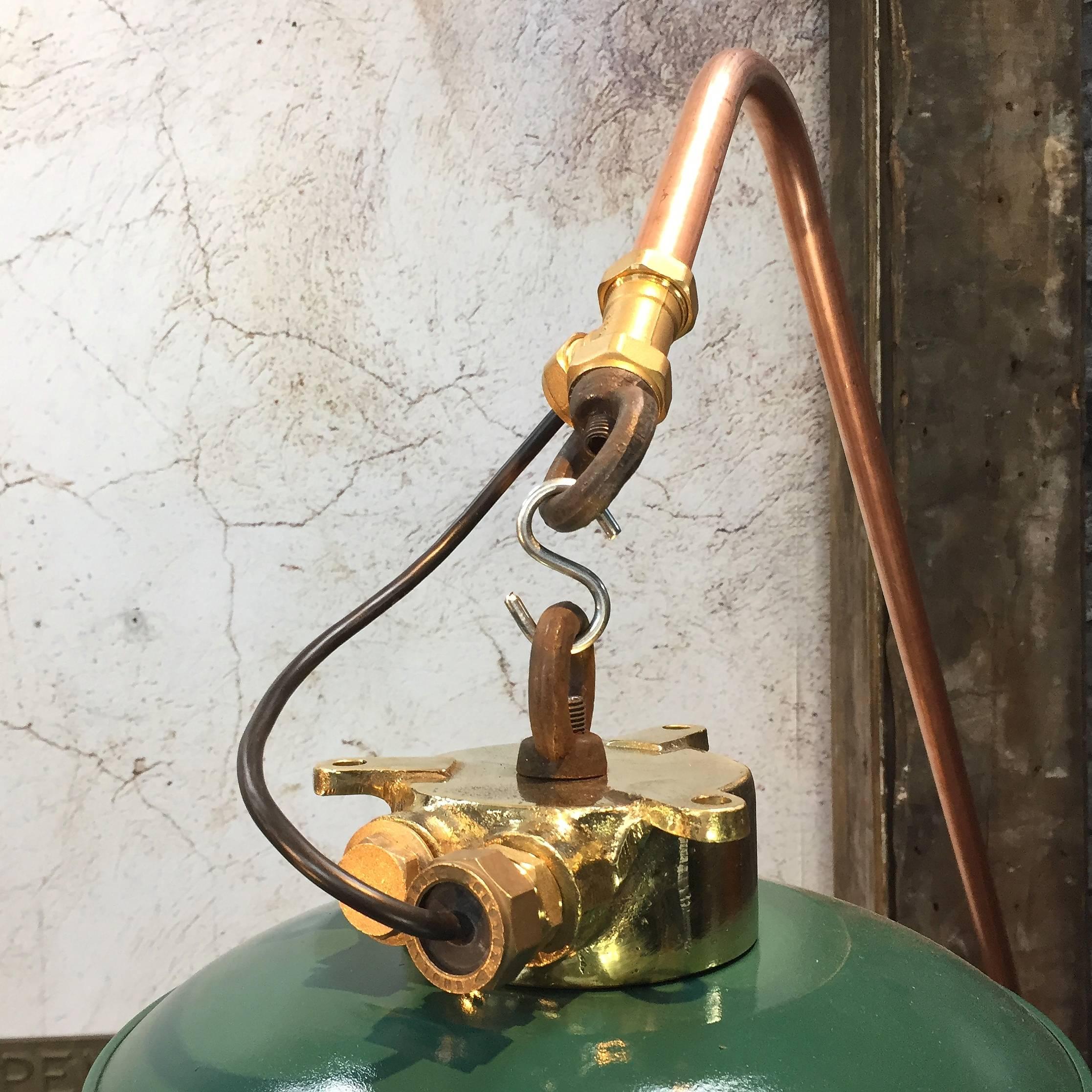 Cast 1970's Copper & Brass Cantilever Explosion Proof Pendant Lamp & Green Shade For Sale