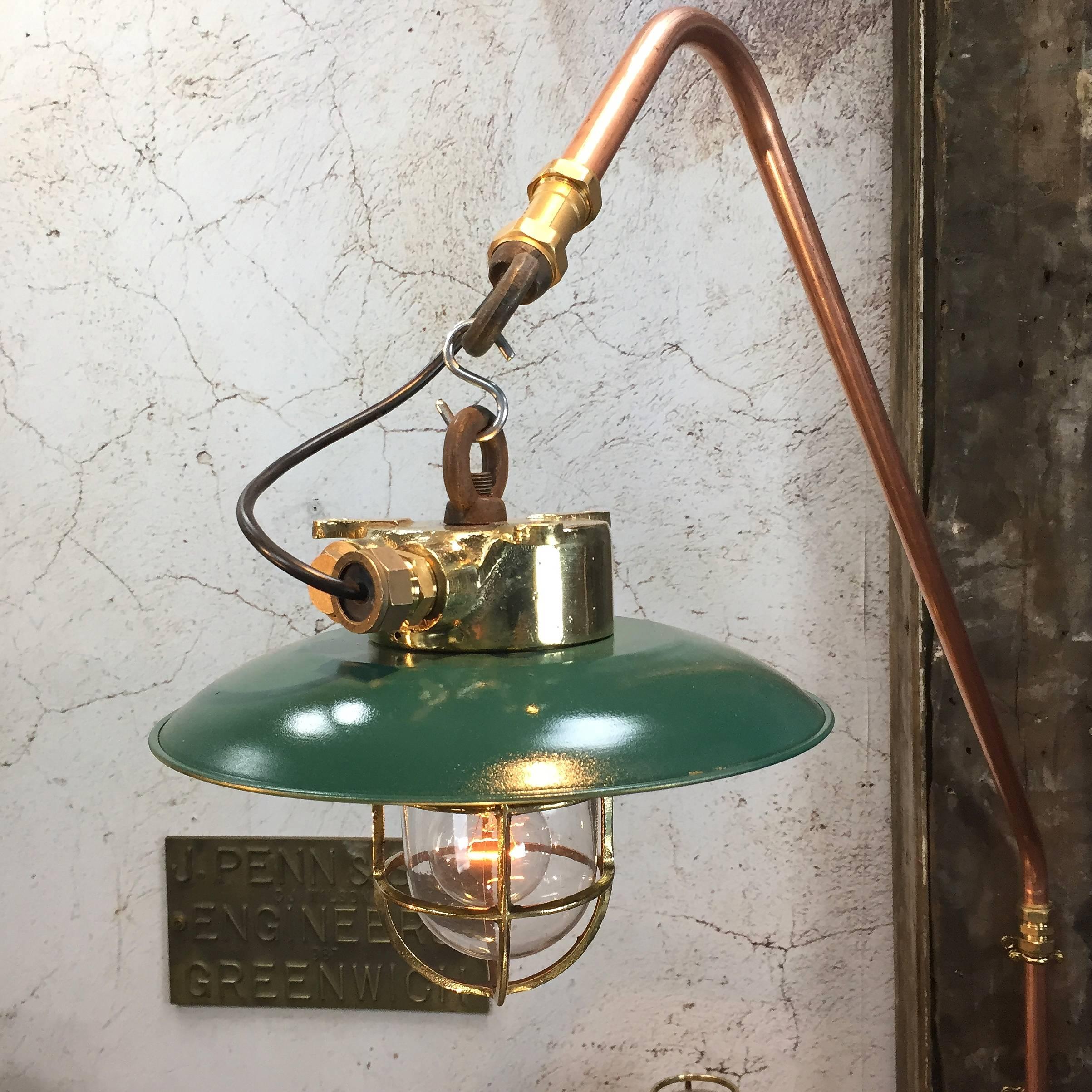 1970's Copper & Brass Cantilever Explosion Proof Pendant Lamp & Green Shade In Excellent Condition For Sale In Leicester, Leicestershire