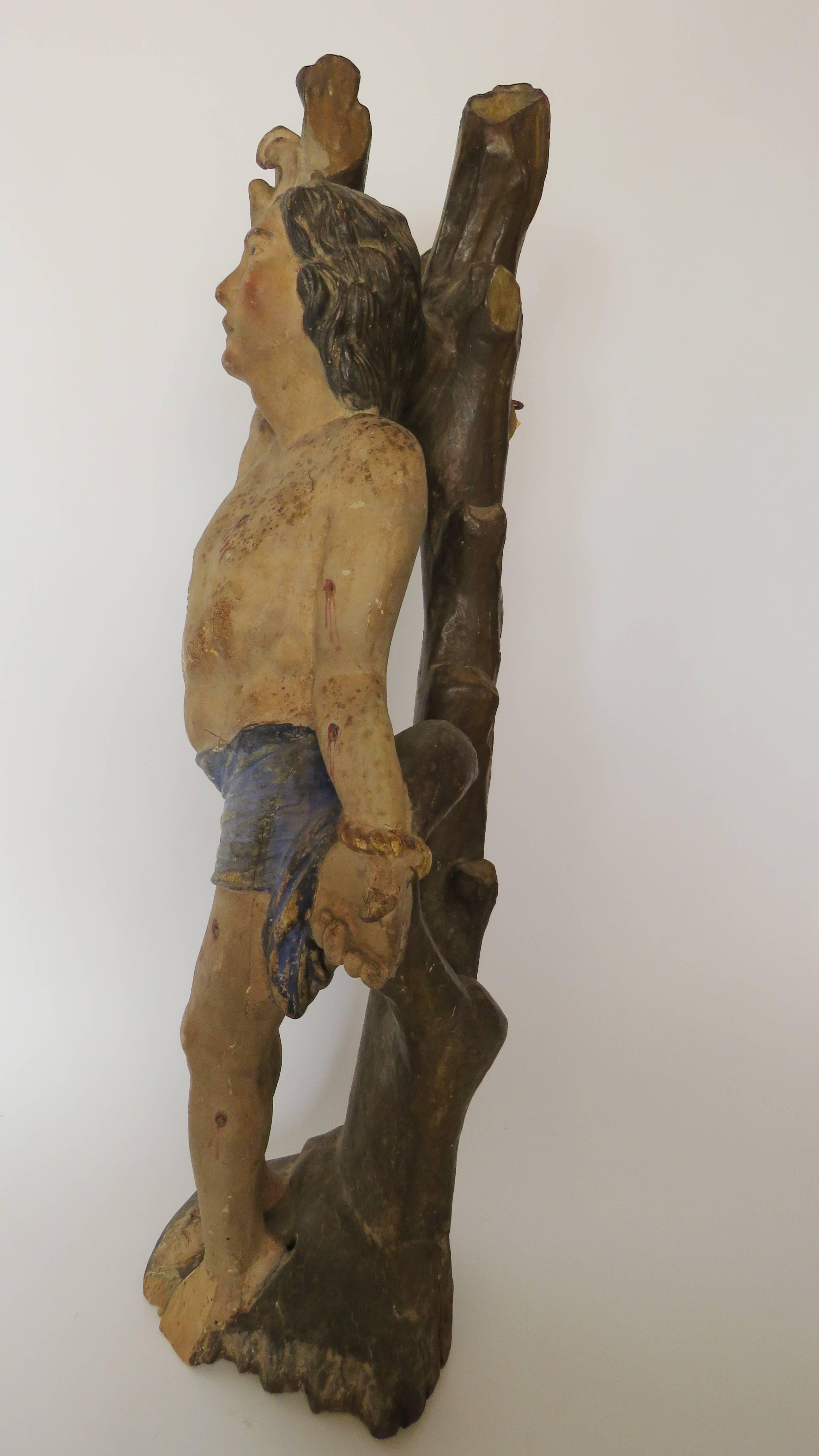 Spanish 16th Century Polychromed Wooden Saint Sebastian For Sale