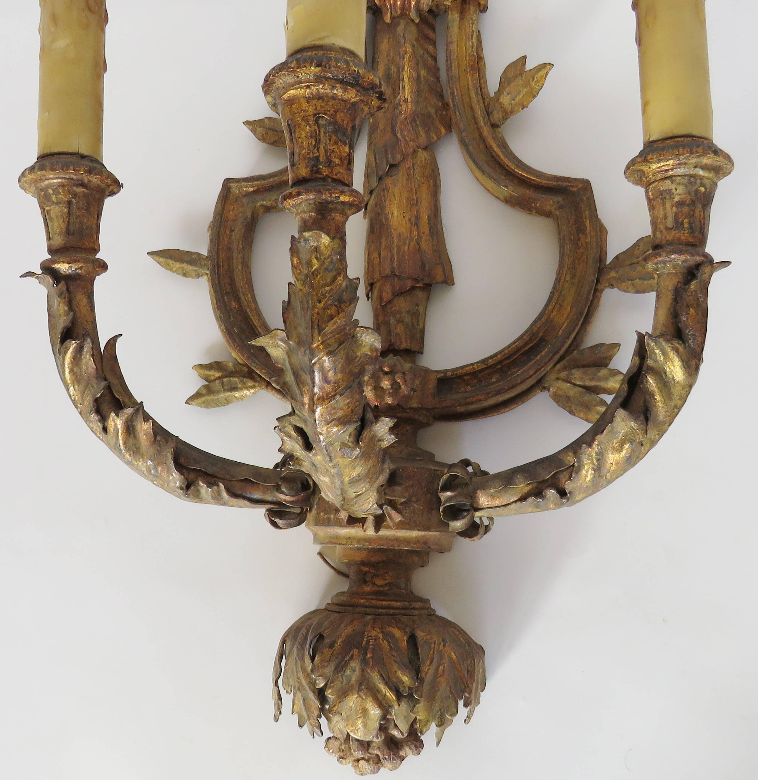 Pair of Large Gilt Iron Three Light Wall Applique Sconces For Sale 1