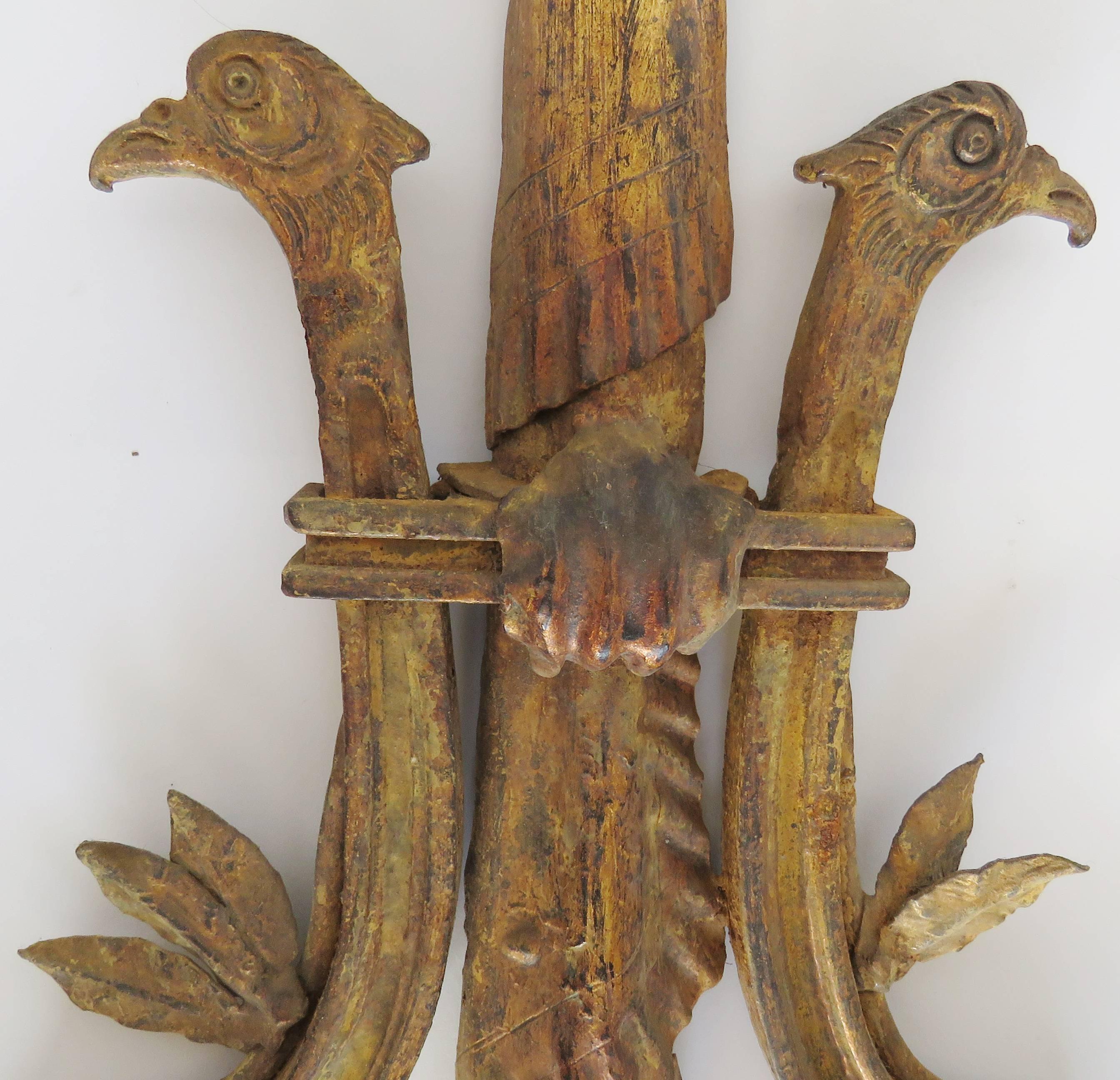 20th Century Pair of Large Gilt Iron Three Light Wall Applique Sconces For Sale