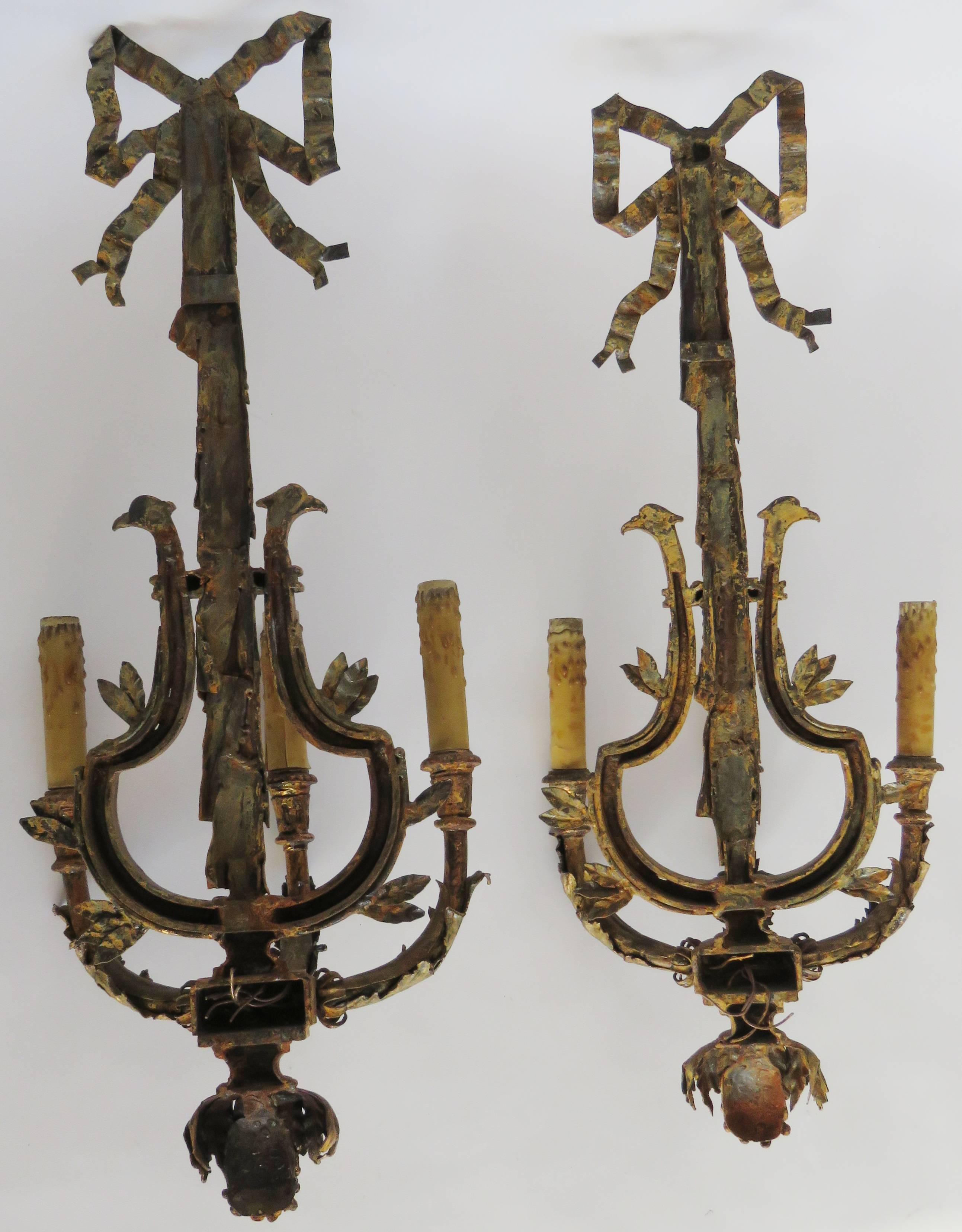 Pair of Large Gilt Iron Three Light Wall Applique Sconces For Sale 2