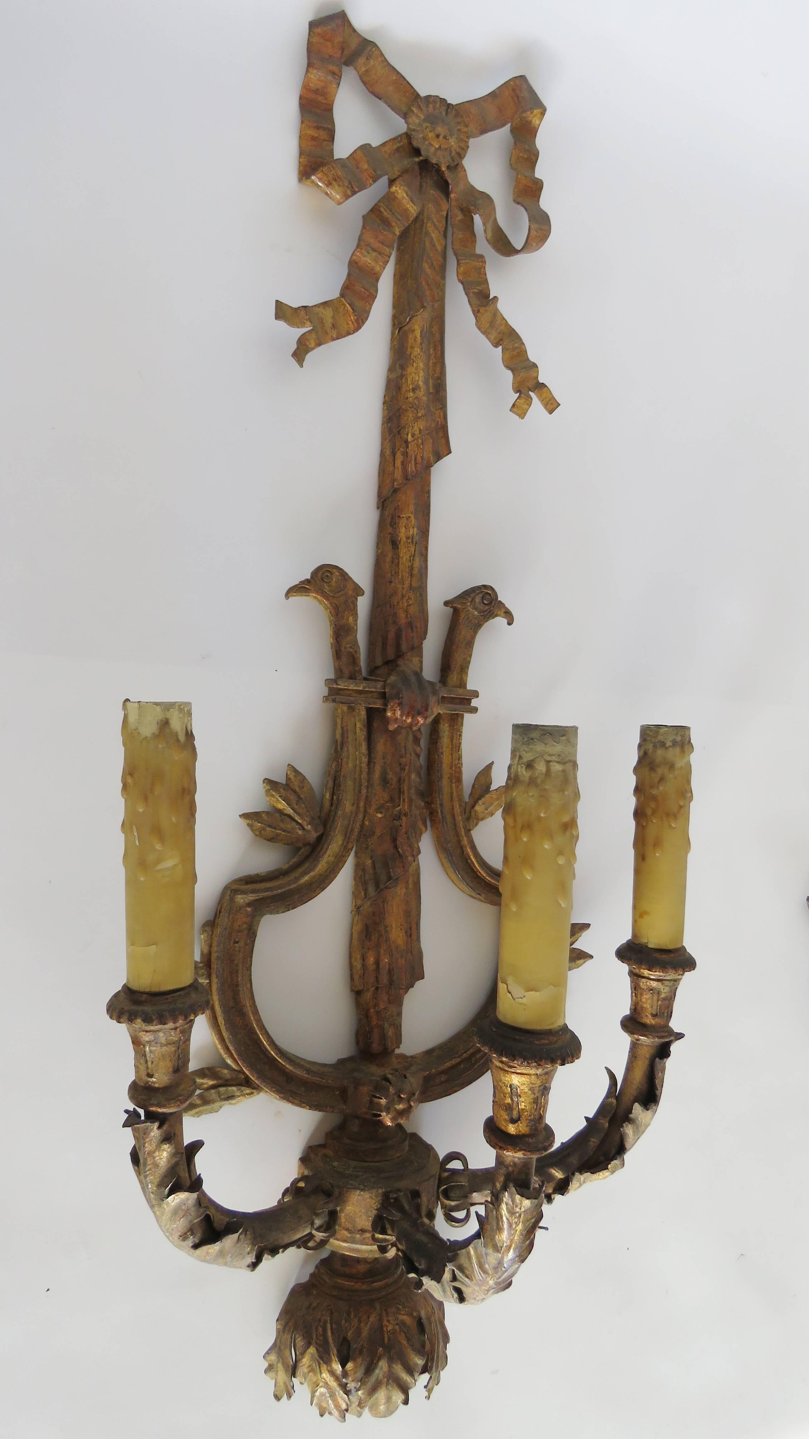French Pair of Large Gilt Iron Three Light Wall Applique Sconces For Sale