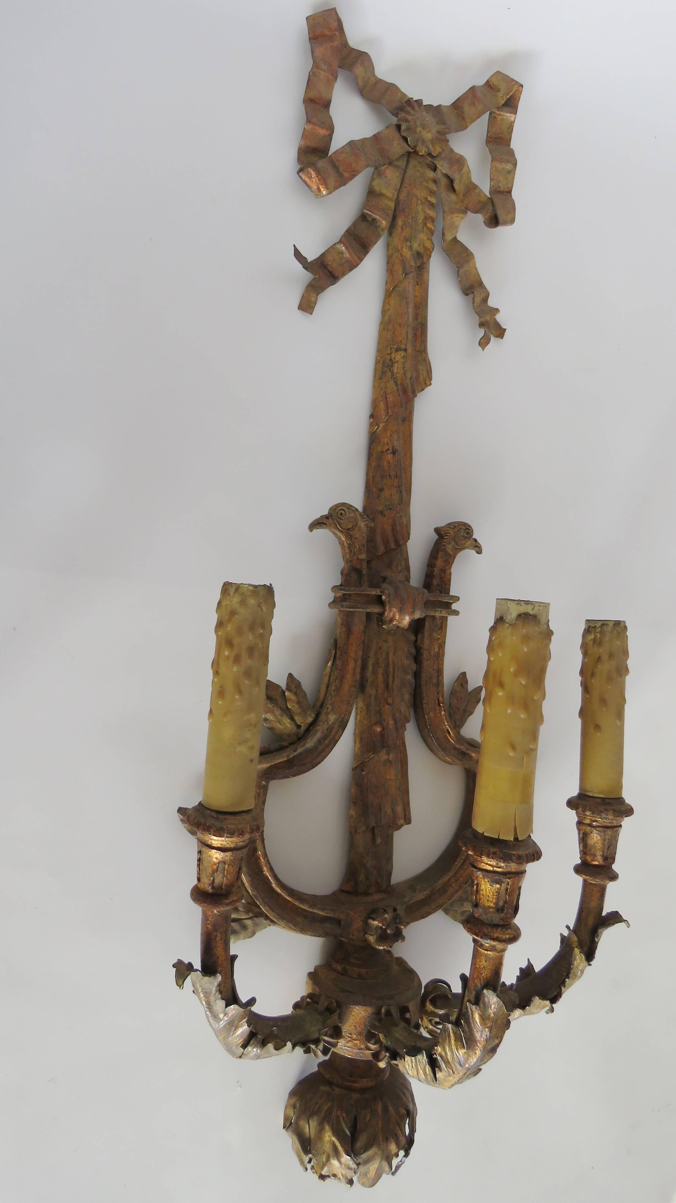 Hand-Painted Pair of Large Gilt Iron Three Light Wall Applique Sconces For Sale