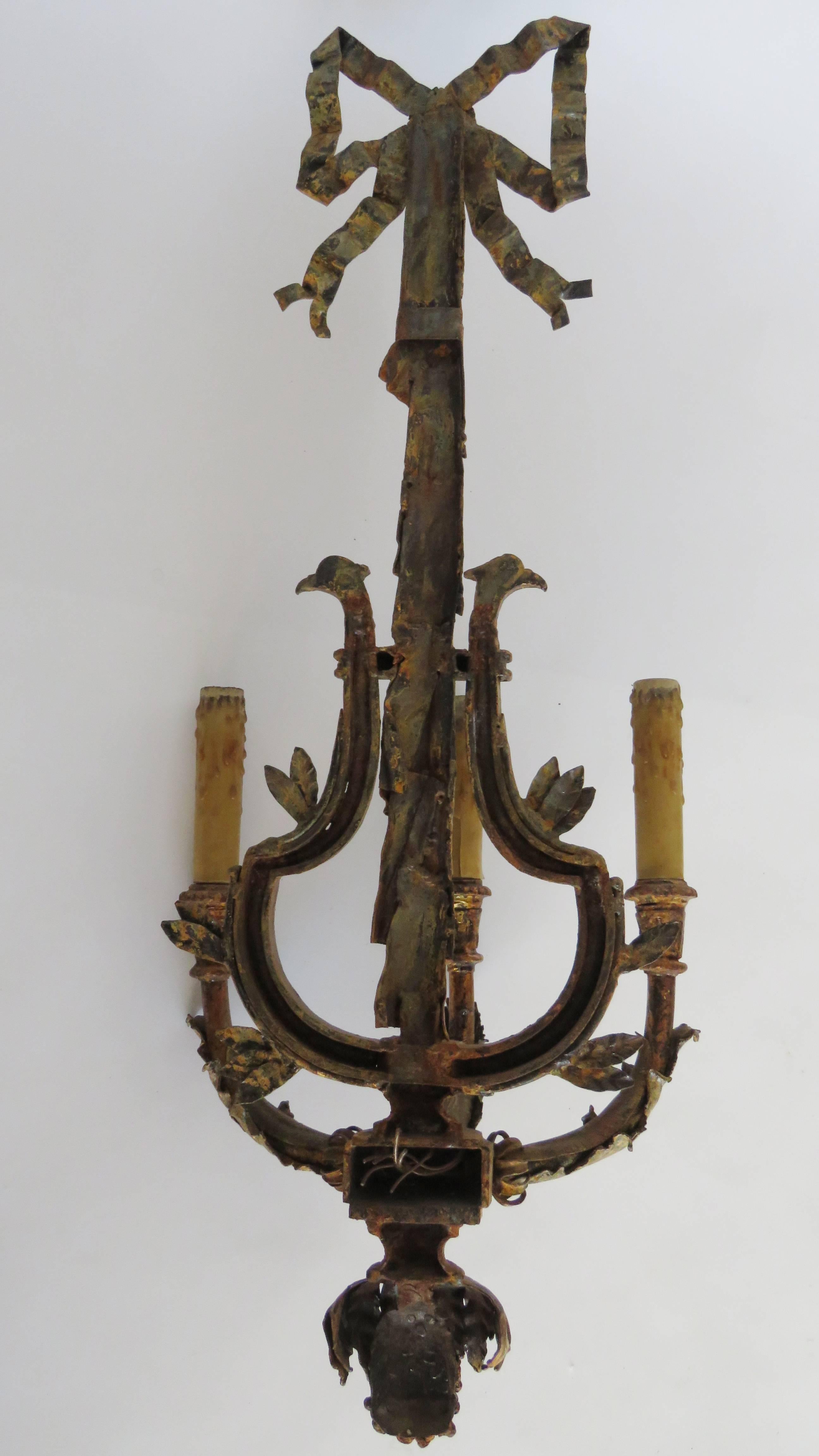 Pair of Large Gilt Iron Three Light Wall Applique Sconces For Sale 3