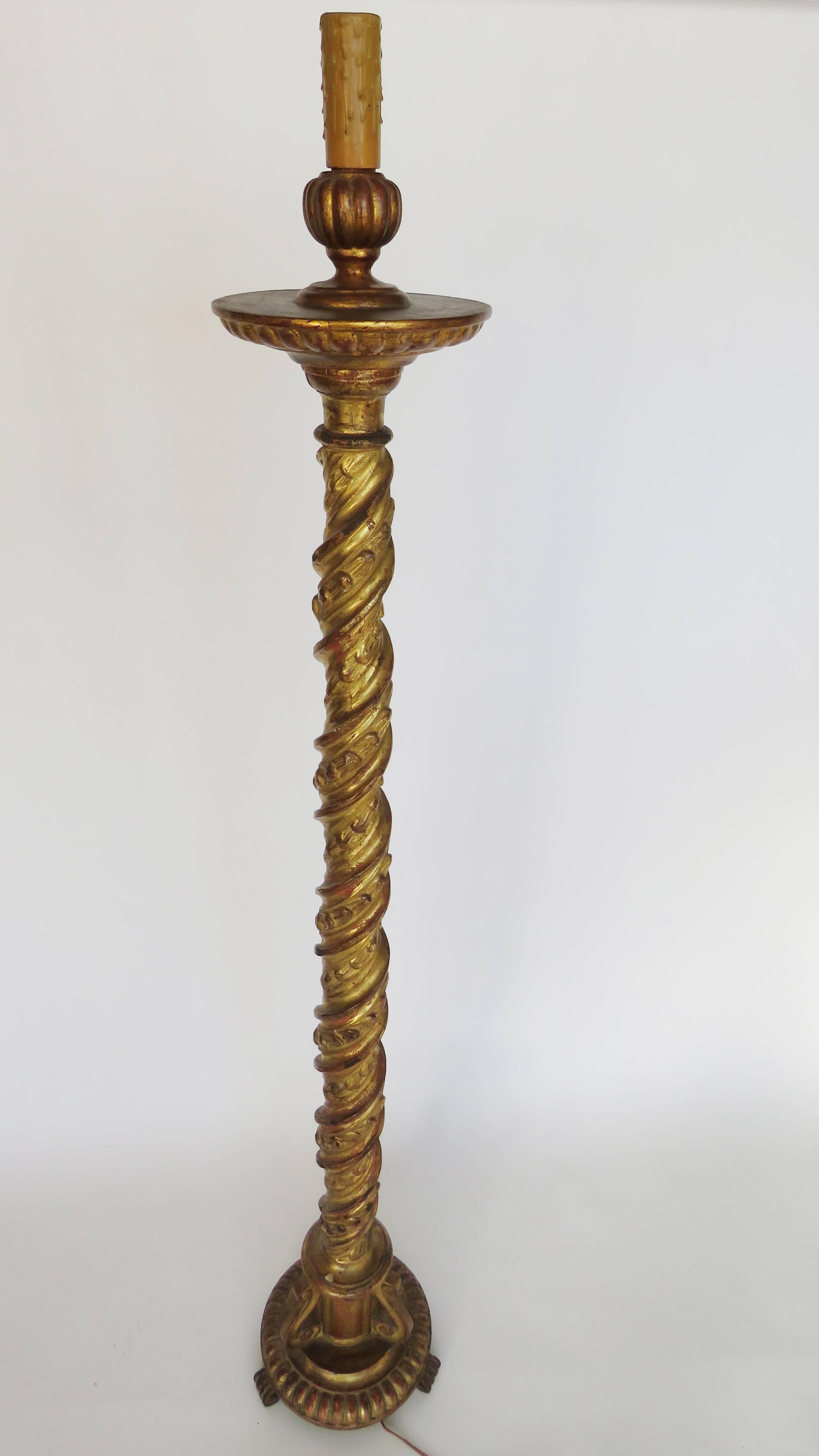 Polychrome, carved spiral column topped by a gadroon carved platform, raised on a similarly carved upright circular plinth. 

Spiral column with original gilt is 18th century. Bottom circular Plinth is late 19th century and top gadroon carved