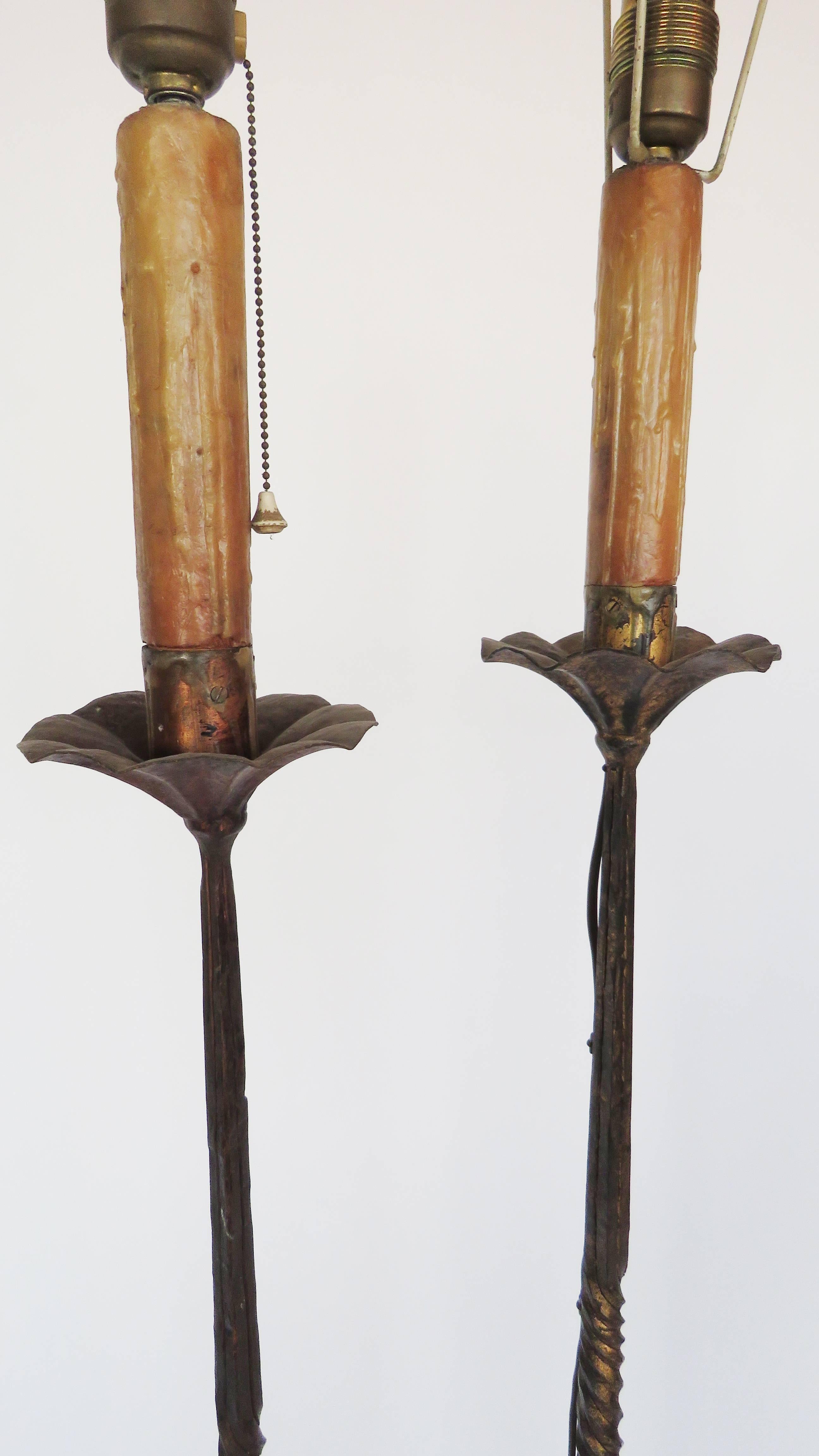 Baroque Revival Early 20th Century Pair of Hand Brought Iron Gilt Floor Lamps For Sale