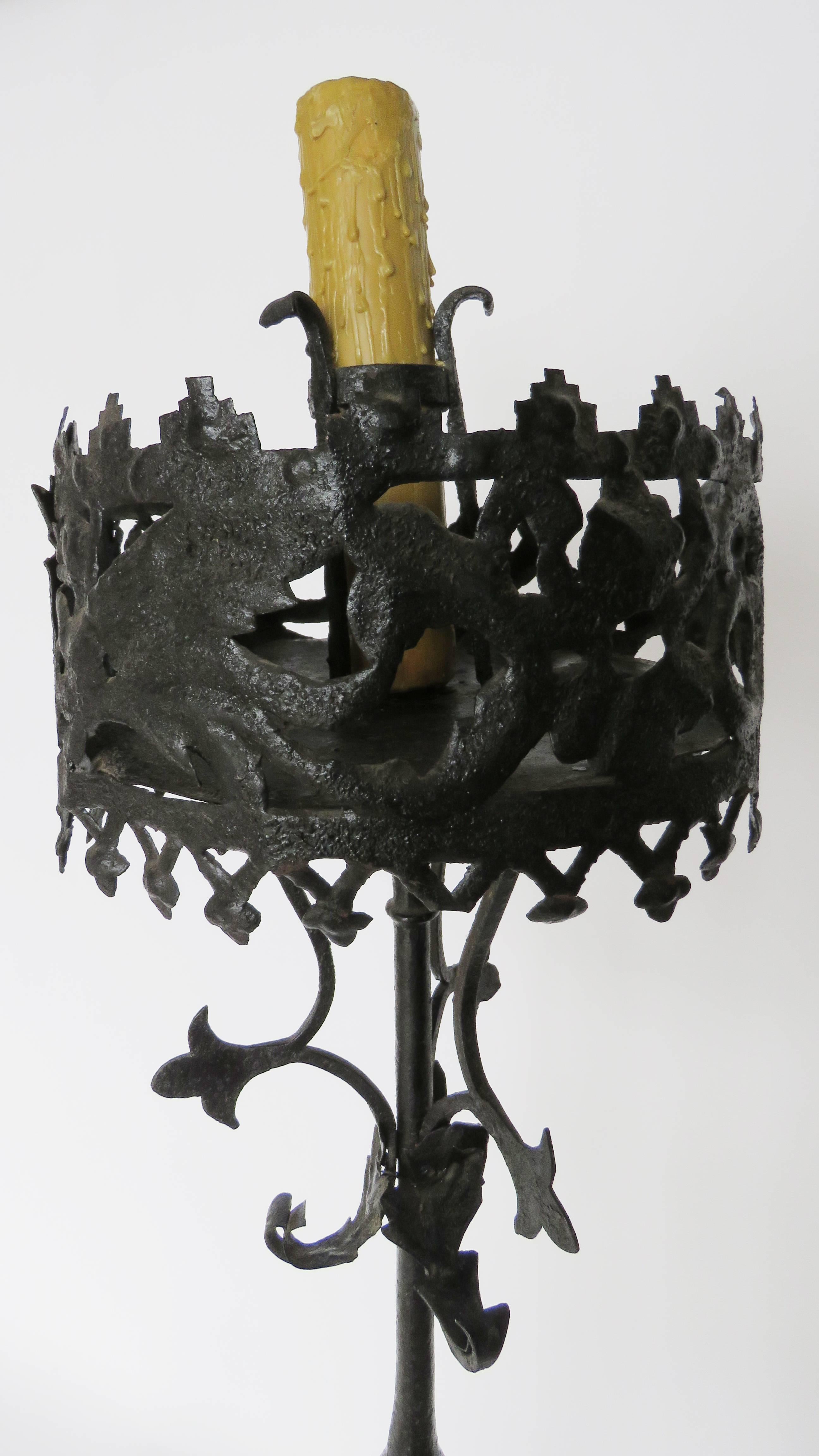 Spanish 18th Century Hand Brought Iron Torchere Floor Lamp For Sale