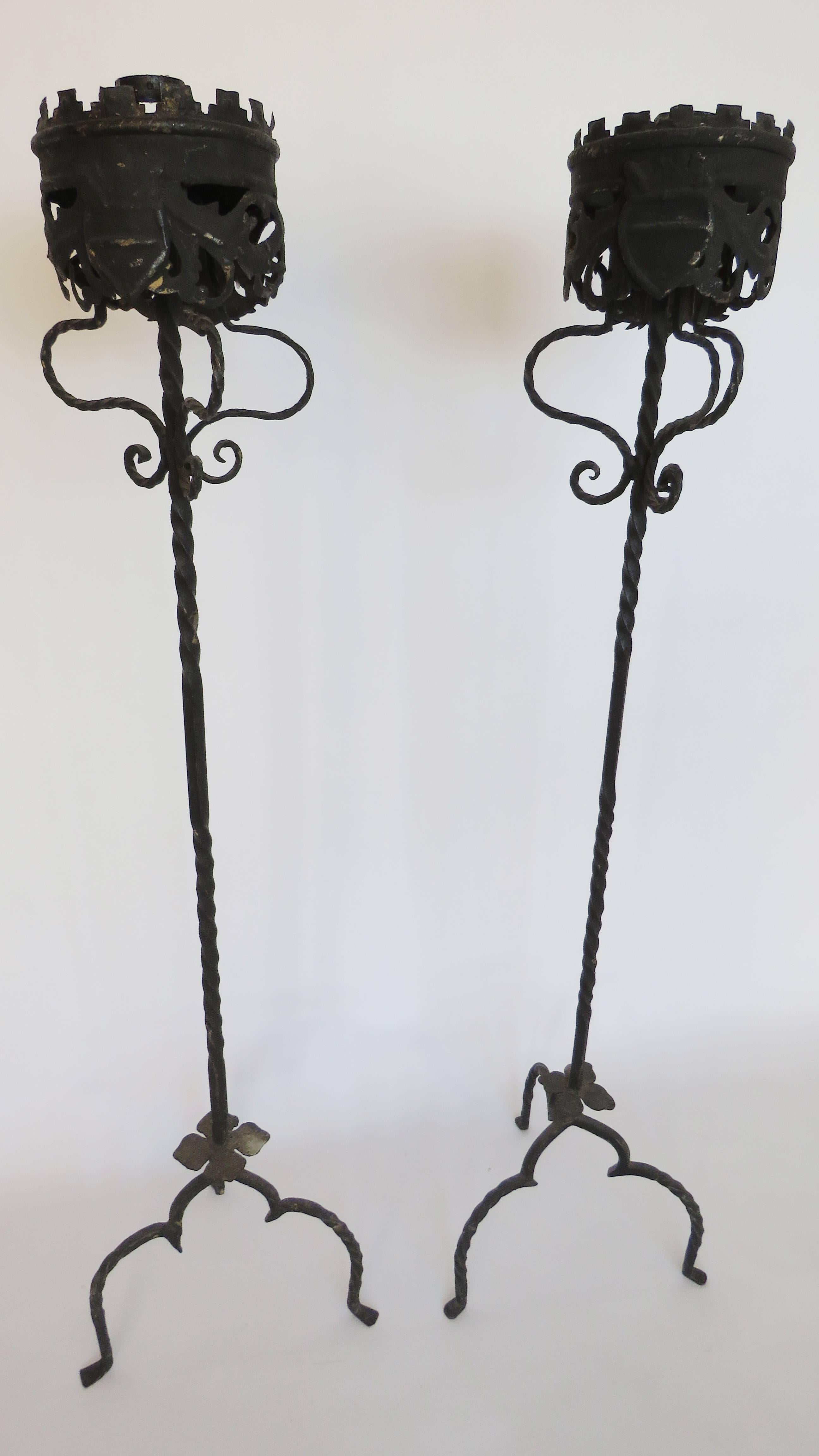 Gothic Revival 19th Century Pair of Forge Iron Torchères Floor Lamps