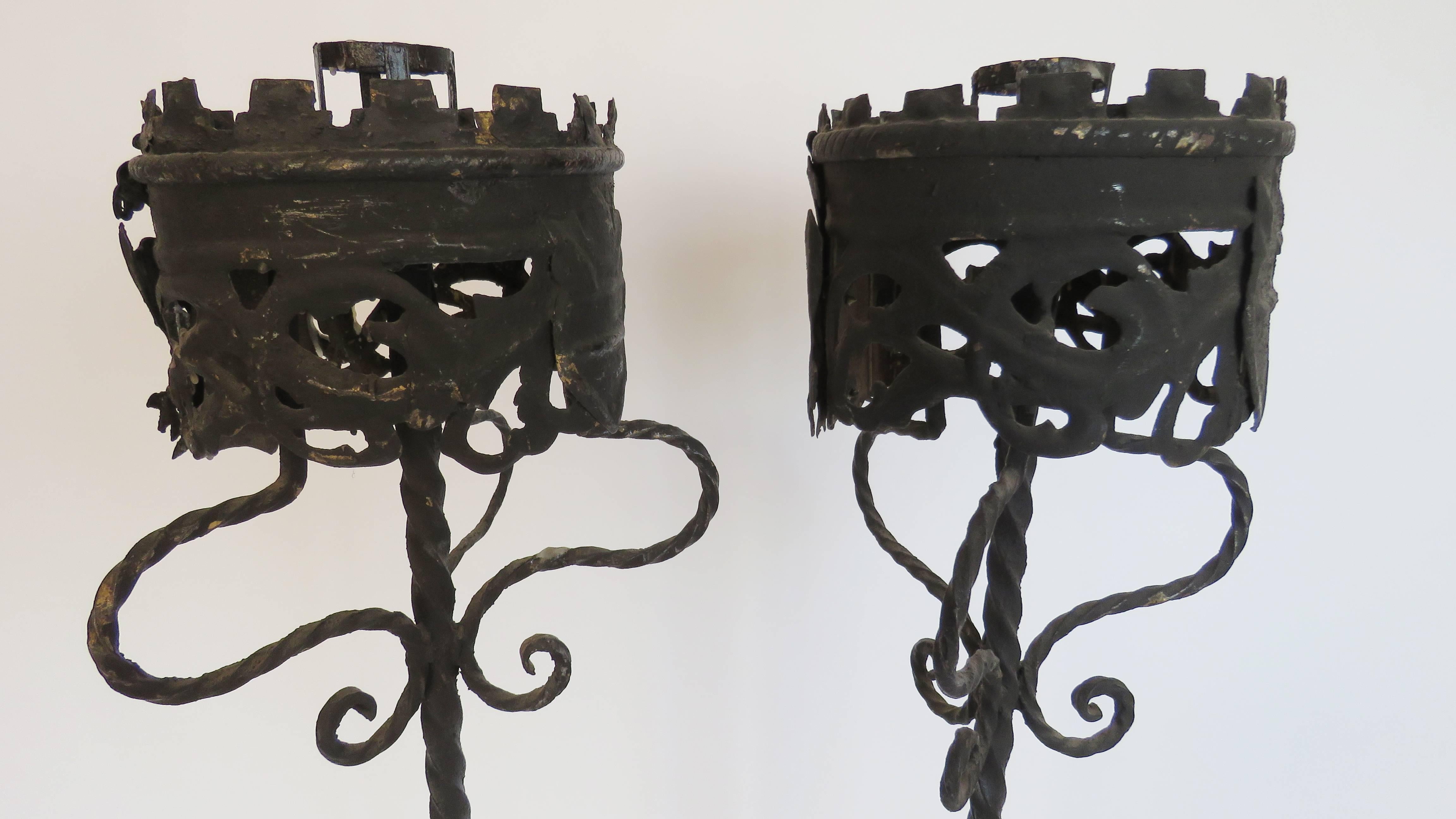 Hand-Crafted 19th Century Pair of Forge Iron Torchères Floor Lamps