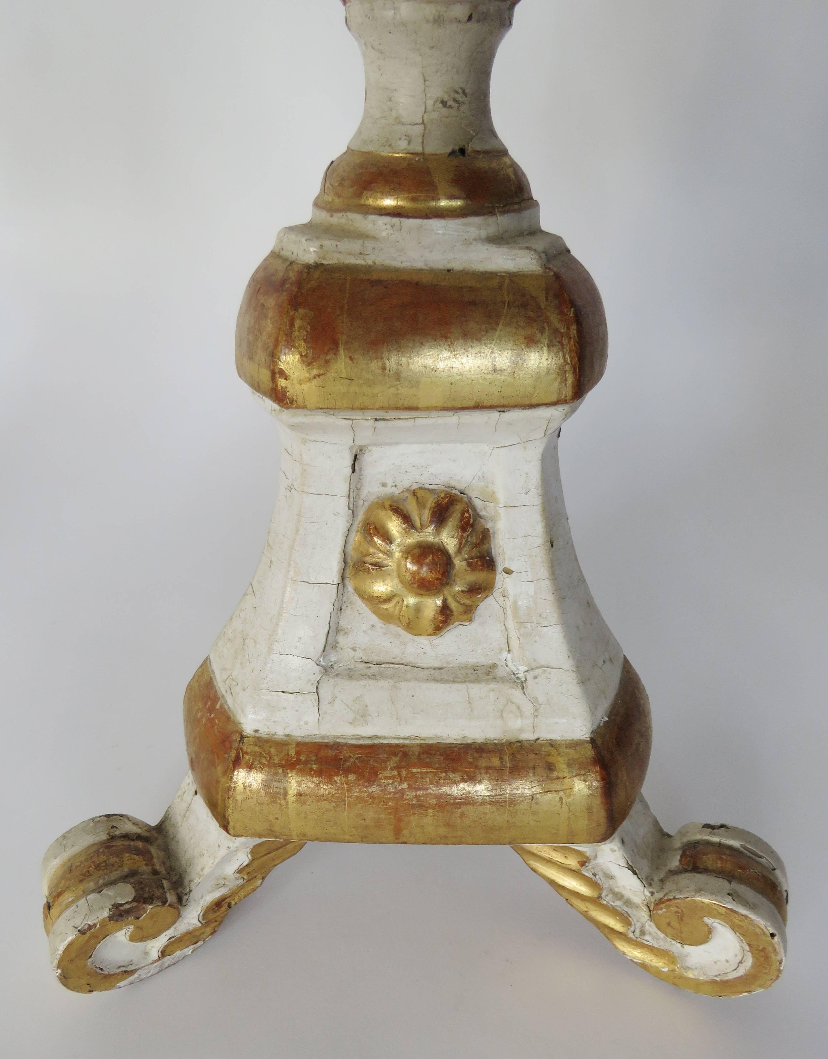 Giltwood 18th Century Pair of Polychromed Church Prickets or Candlesticks For Sale