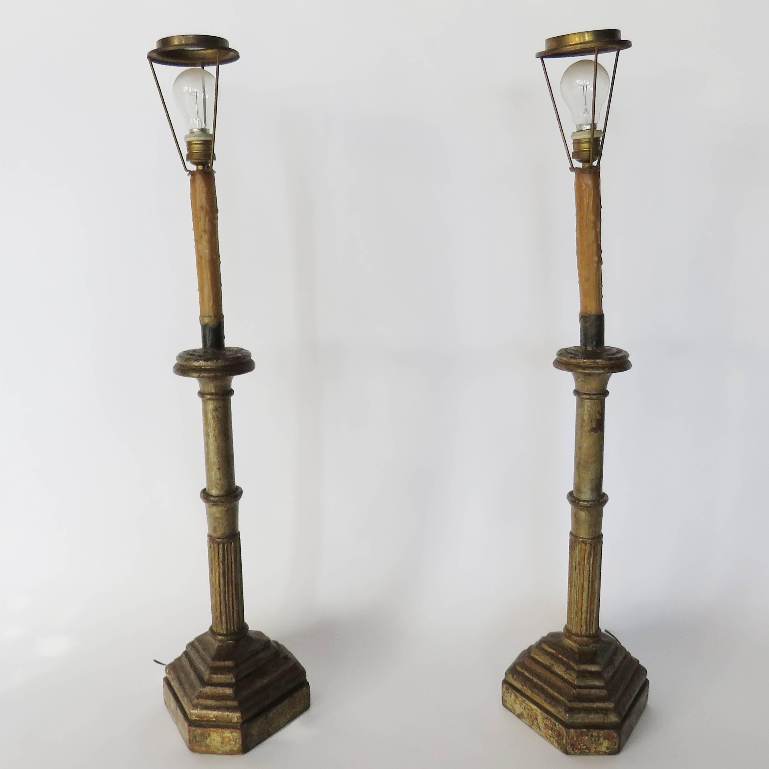 Spanish 18th Century Pair of Polychrome Candlesticks Table Lamps with Pigskin Shades For Sale