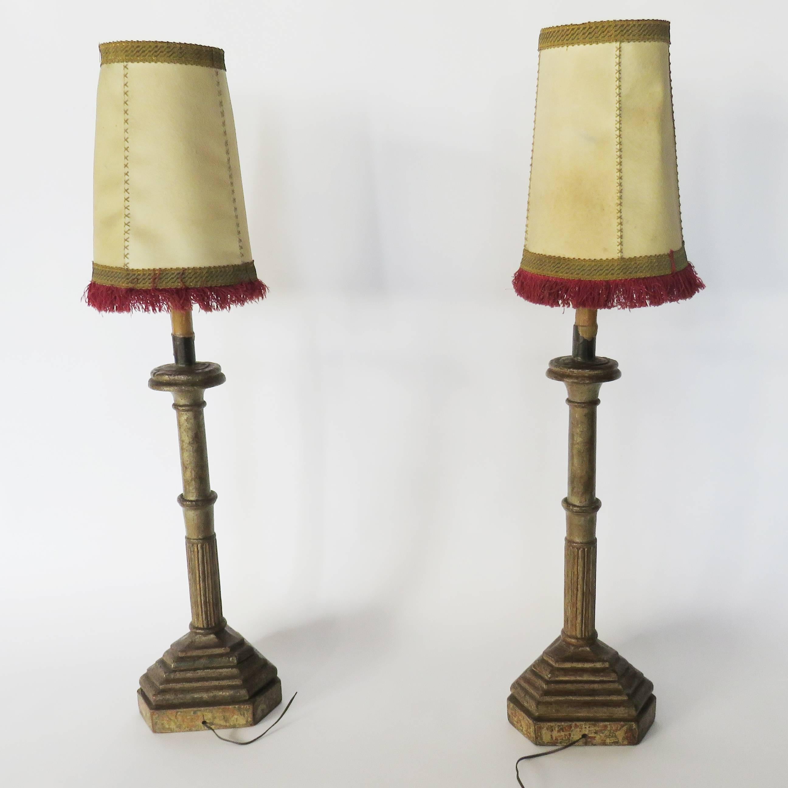 Baroque 18th Century Pair of Polychrome Candlesticks Table Lamps with Pigskin Shades For Sale