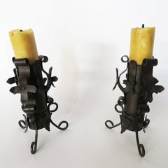 Art Nouveau Pair Wrought Iron Candlesticks