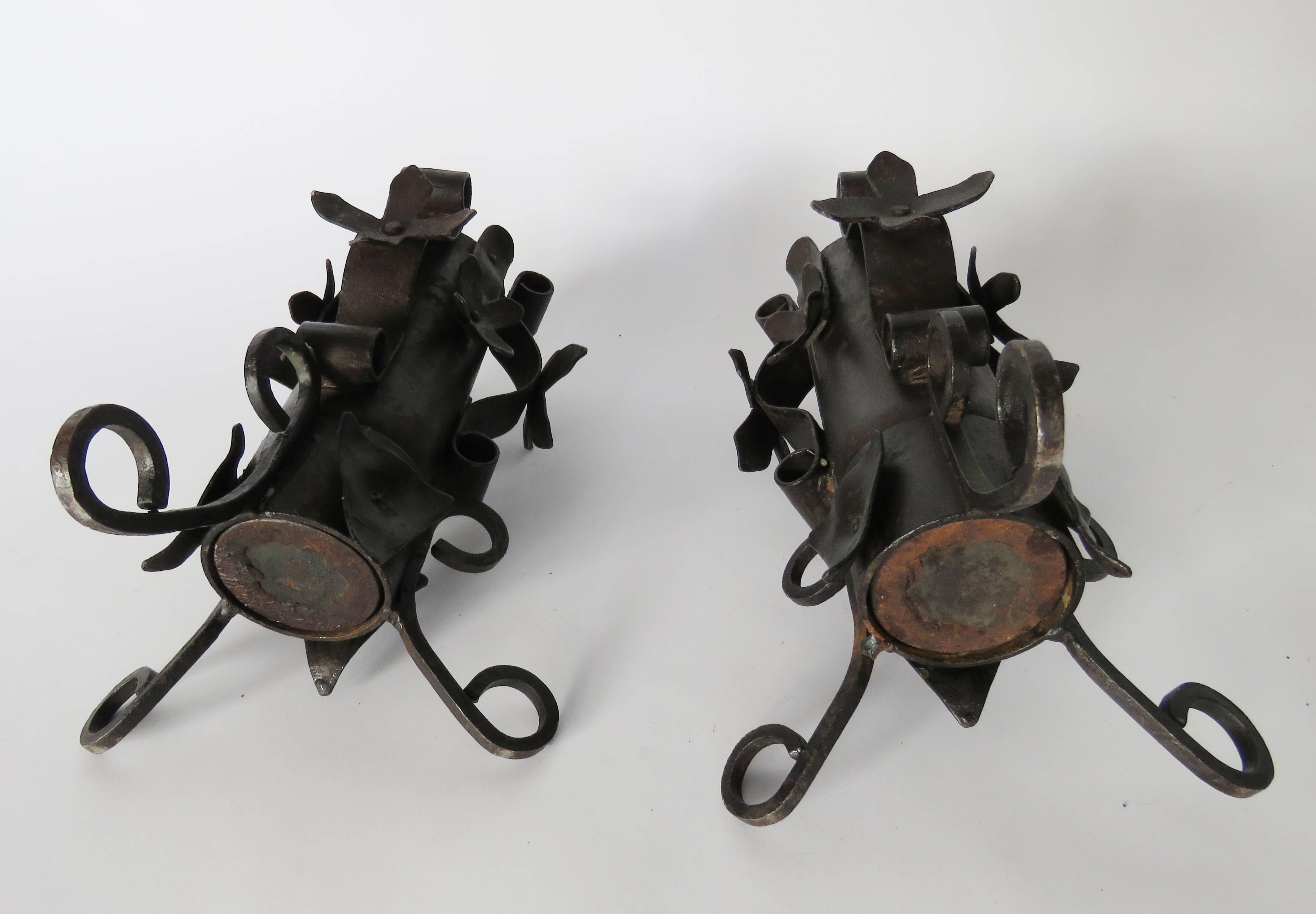 Art Nouveau Pair Wrought Iron Candlesticks In Excellent Condition For Sale In Alella, ES
