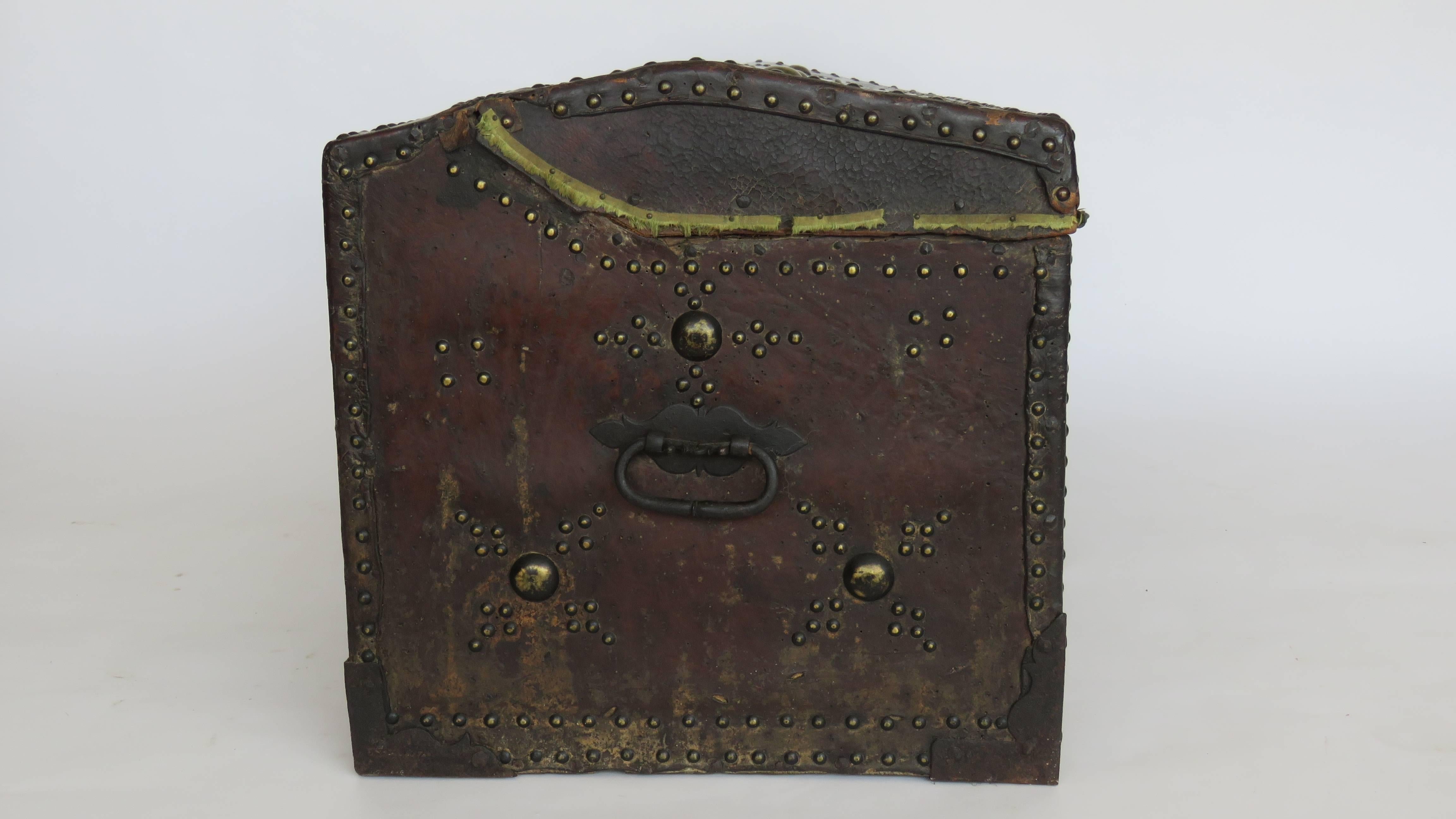Brass 18th Century Spanish Leather Mounted Coffer Trunk For Sale